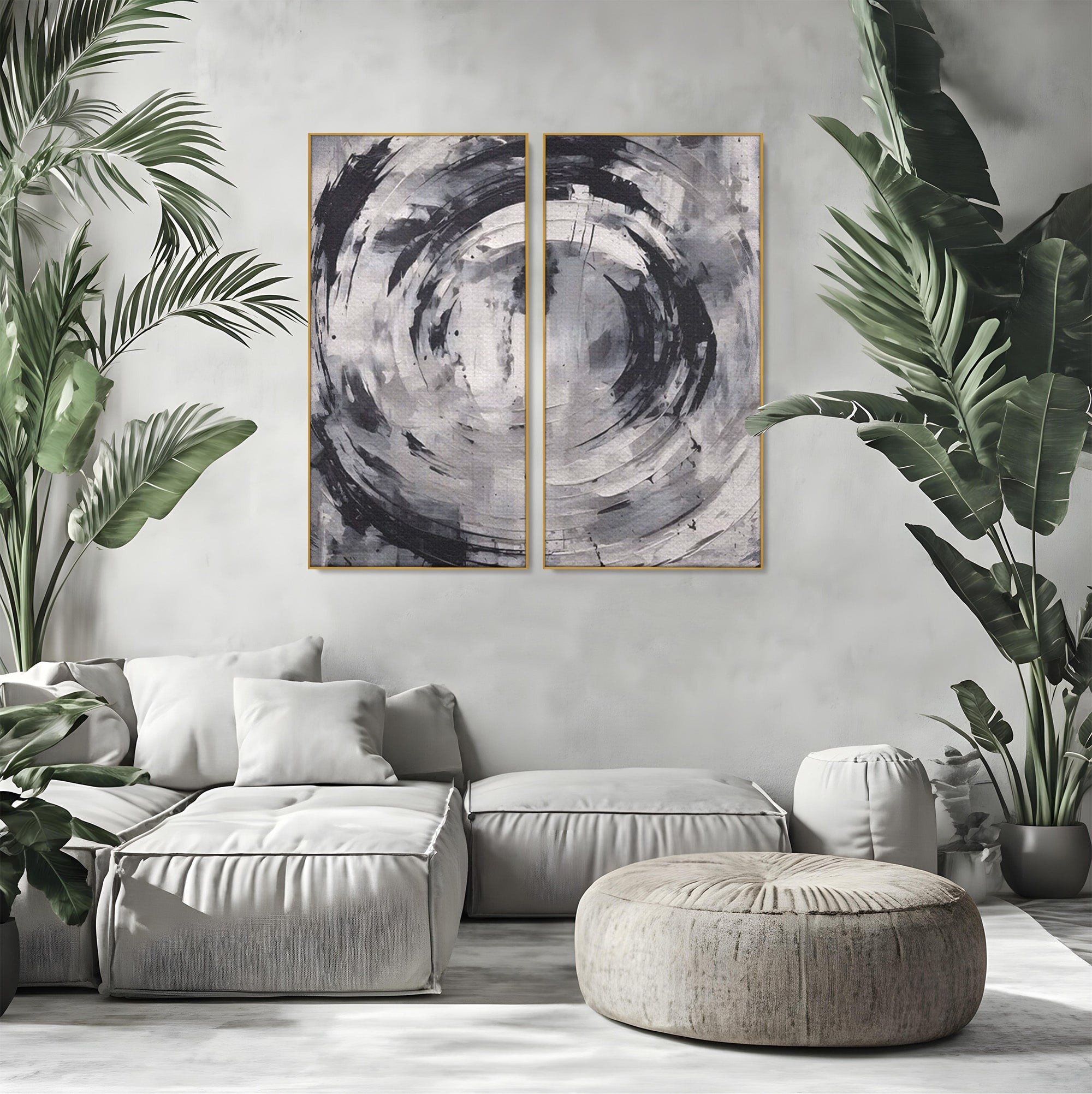 Set 2 Tablouri Canvas Premium LuxCanva® C2-1217, Abstract Round Paint, Culori, Decorativ, Living Room, Culori Vibrante