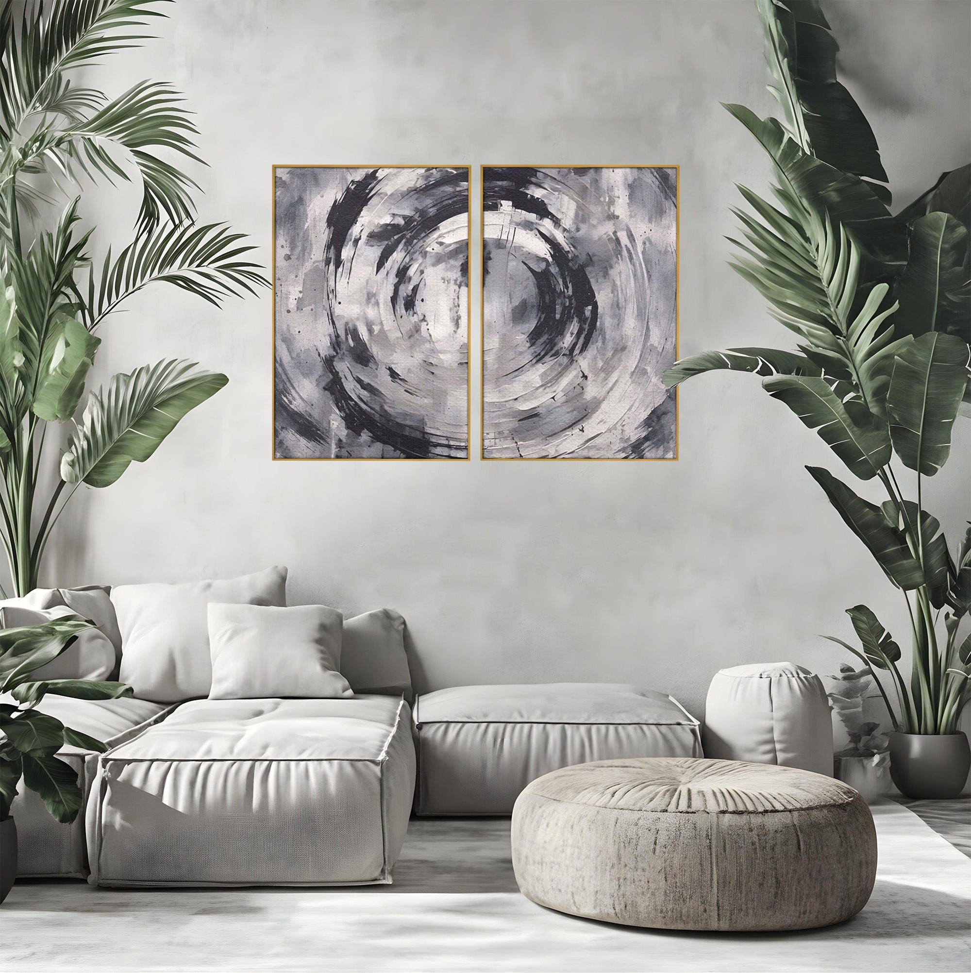 Set 2 Tablouri Canvas Premium LuxCanva® C2-1217, Abstract Round Paint, Culori, Decorativ, Living Room, Culori Vibrante