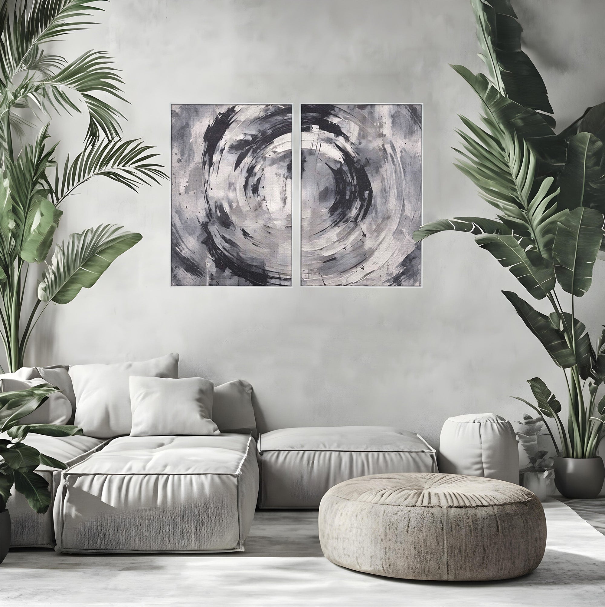 Set 2 Tablouri Canvas Premium LuxCanva® C2-1217, Abstract Round Paint, Culori, Decorativ, Living Room, Culori Vibrante