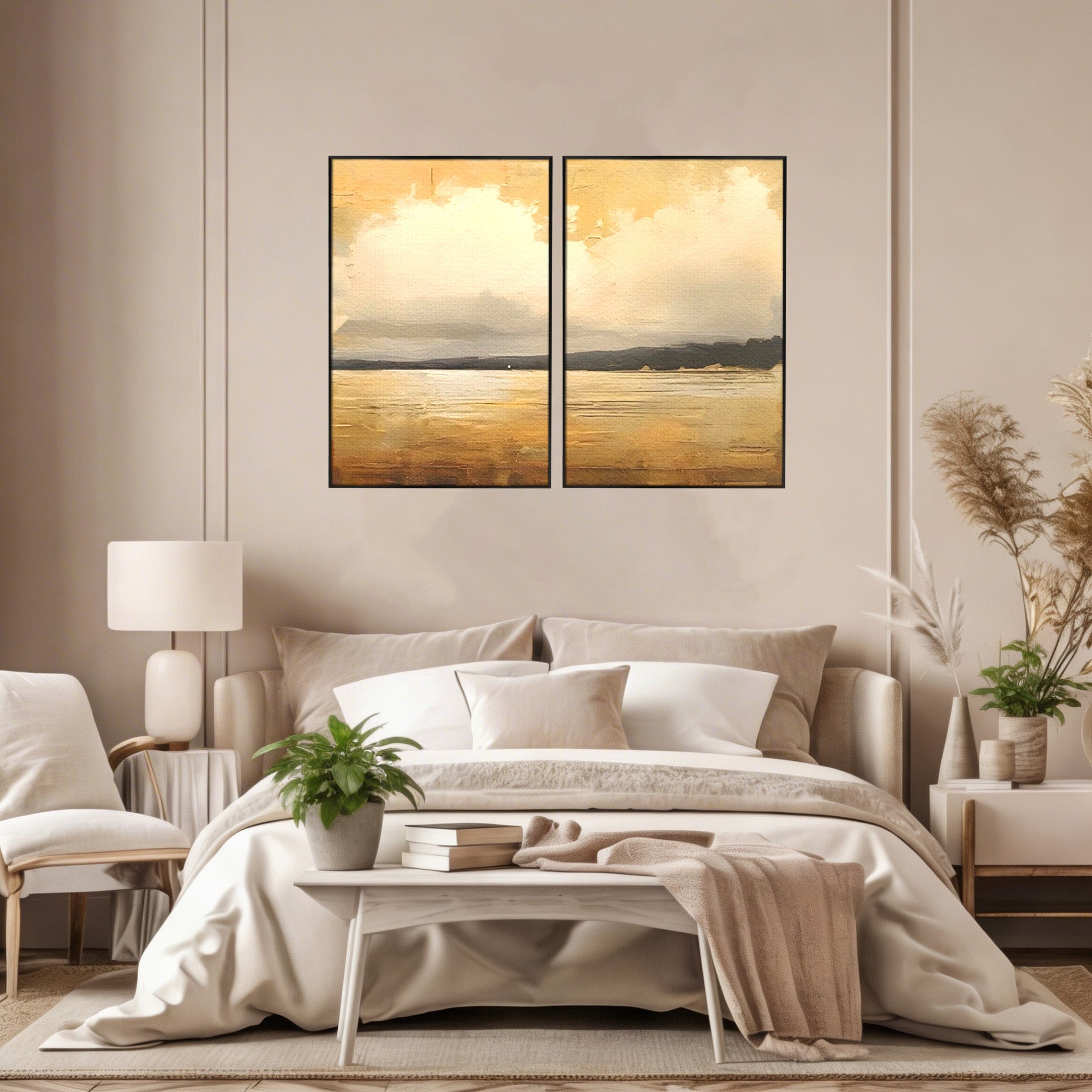 Set 2 Tablouri Canvas Premium LuxCanva® C2-1230, Sunset On The Lake, Relaxare, Living Room, Culori Vibrante