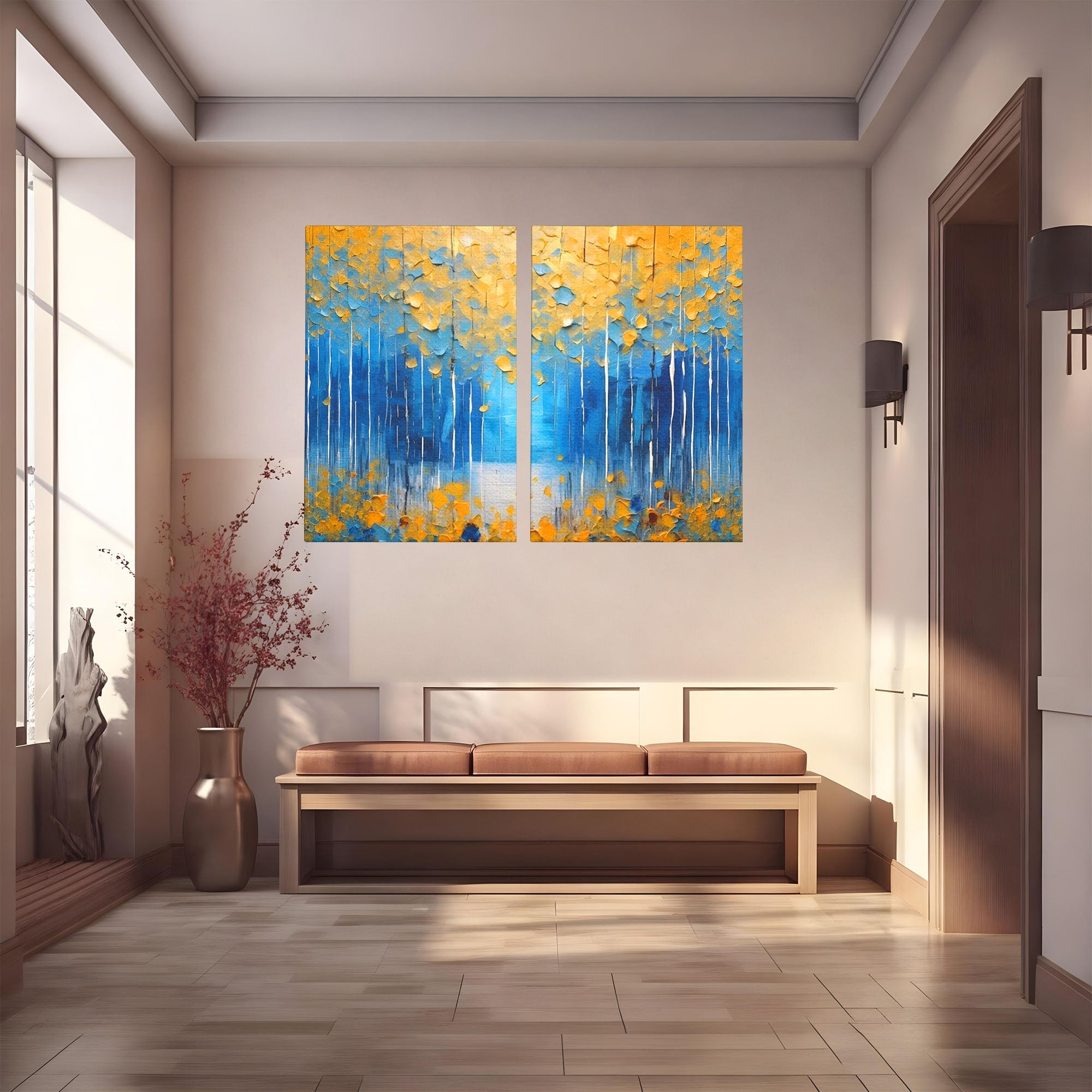 Set 2 Tablouri Canvas Premium LuxCanva® C2-1234, Abstract Autum Leafs, Relaxare, Living Room, Culori Vibrante
