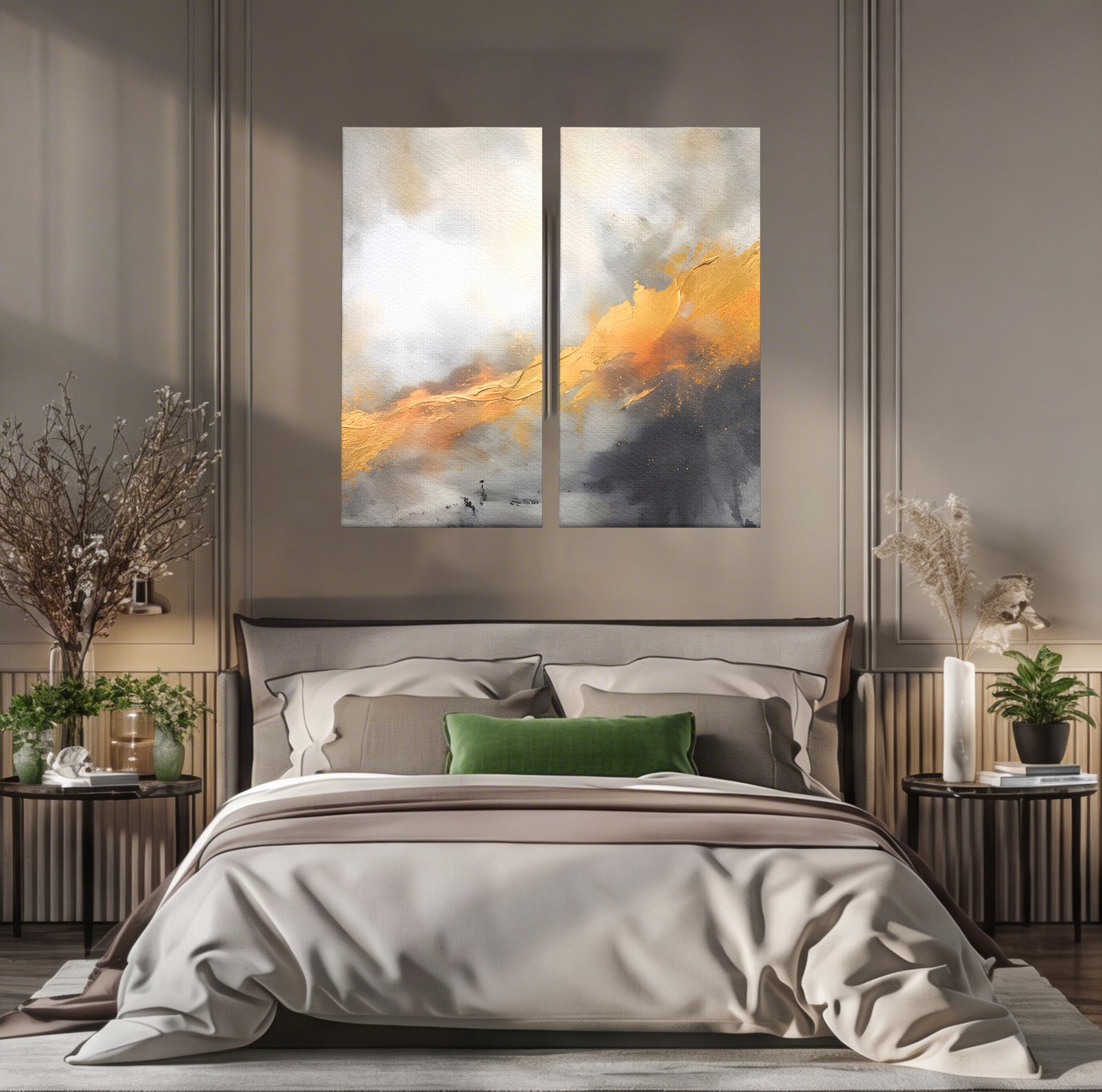 Set 2 Tablouri Canvas Premium LuxCanva® C2-1237, Gold And Grey Abstract Painting, Relaxare, Living Room, Culori Vibrante