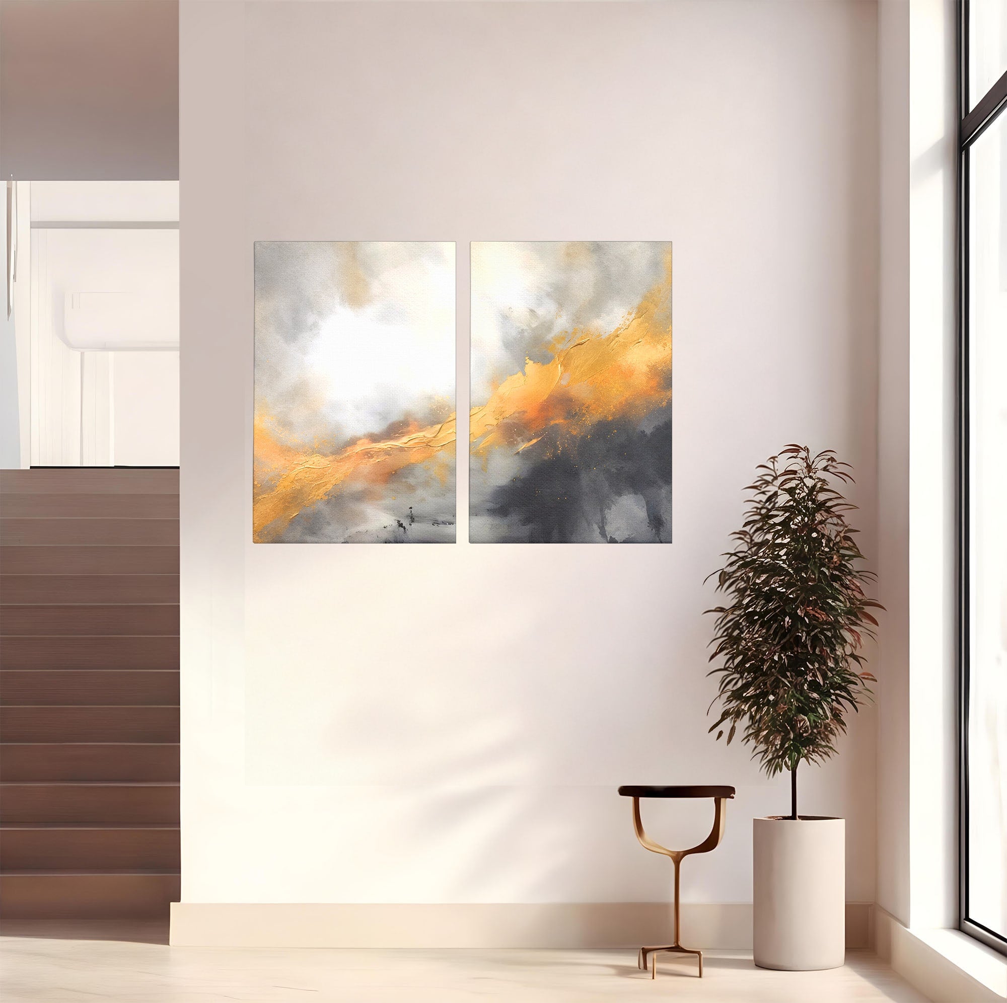 Set 2 Tablouri Canvas Premium LuxCanva® C2-1237, Gold And Grey Abstract Painting, Relaxare, Living Room, Culori Vibrante
