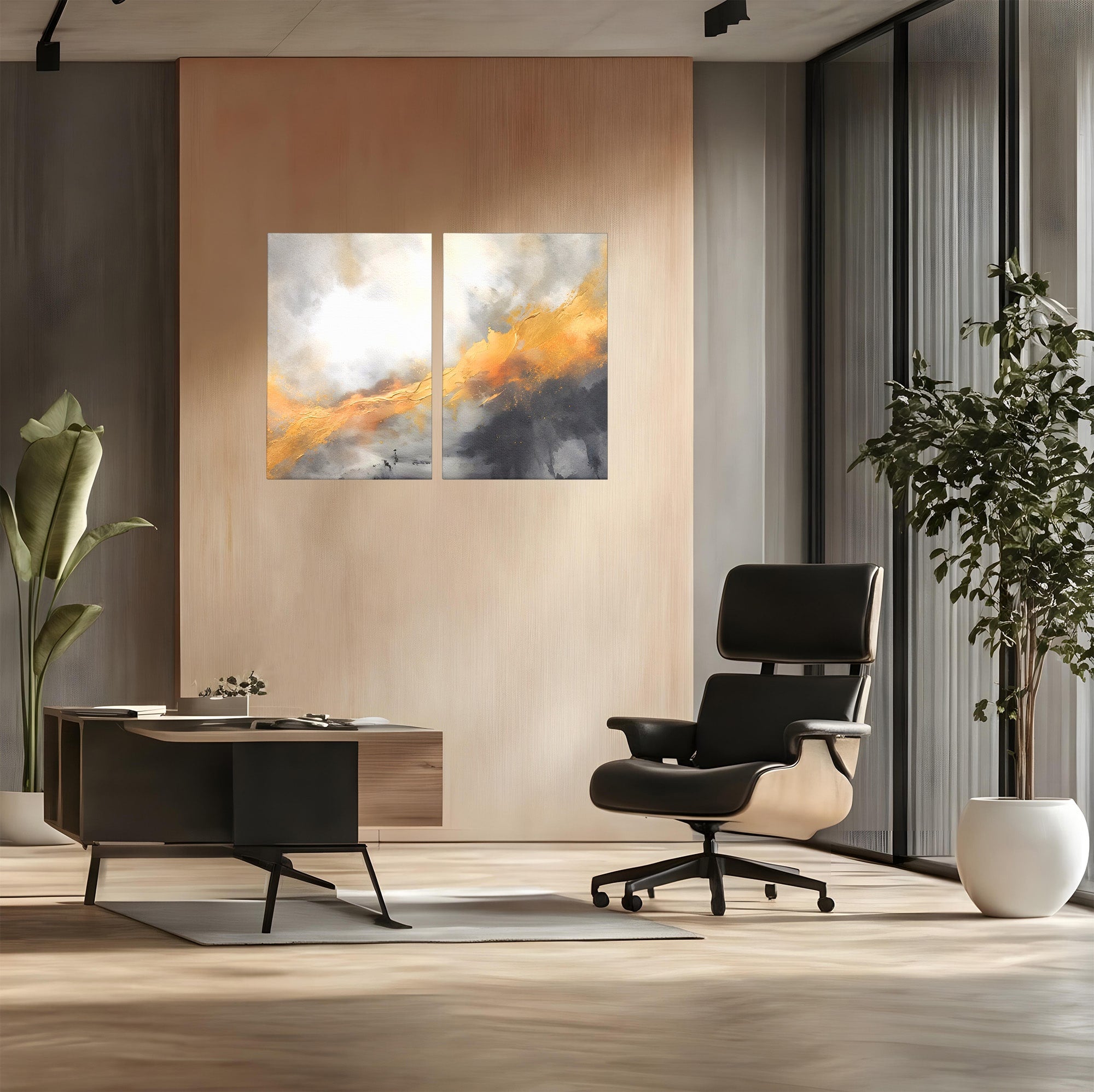 Set 2 Tablouri Canvas Premium LuxCanva® C2-1237, Gold And Grey Abstract Painting, Relaxare, Living Room, Culori Vibrante