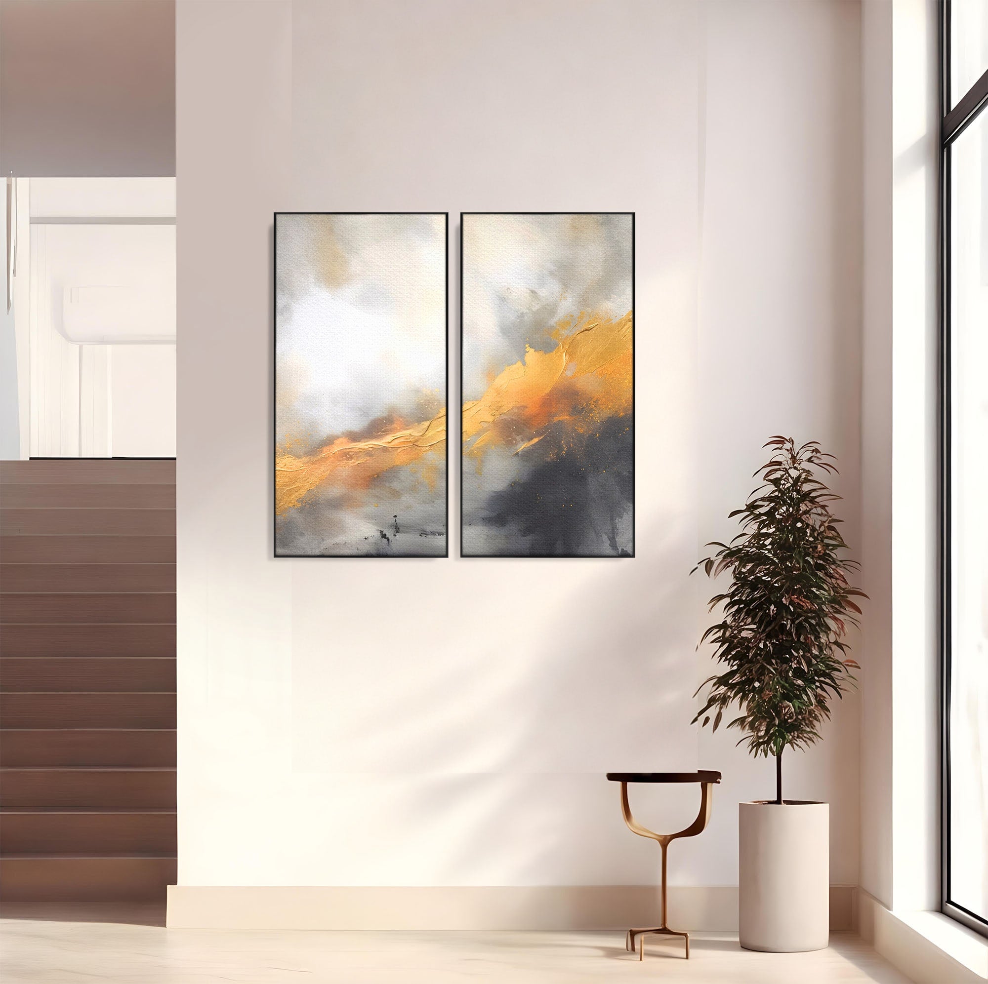 Set 2 Tablouri Canvas Premium LuxCanva® C2-1237, Gold And Grey Abstract Painting, Relaxare, Living Room, Culori Vibrante