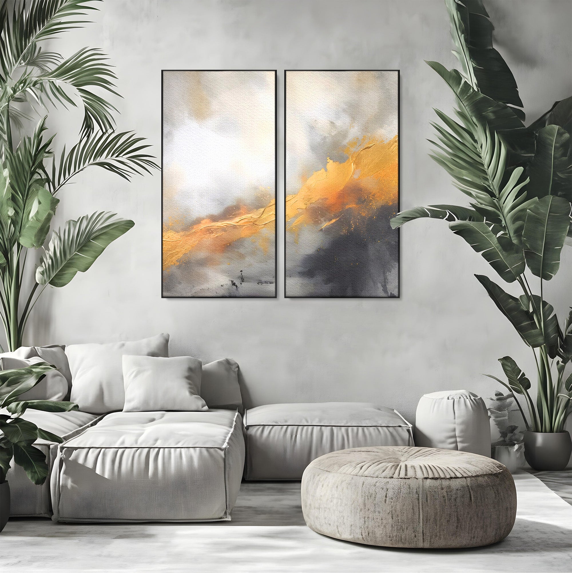 Set 2 Tablouri Canvas Premium LuxCanva® C2-1237, Gold And Grey Abstract Painting, Relaxare, Living Room, Culori Vibrante