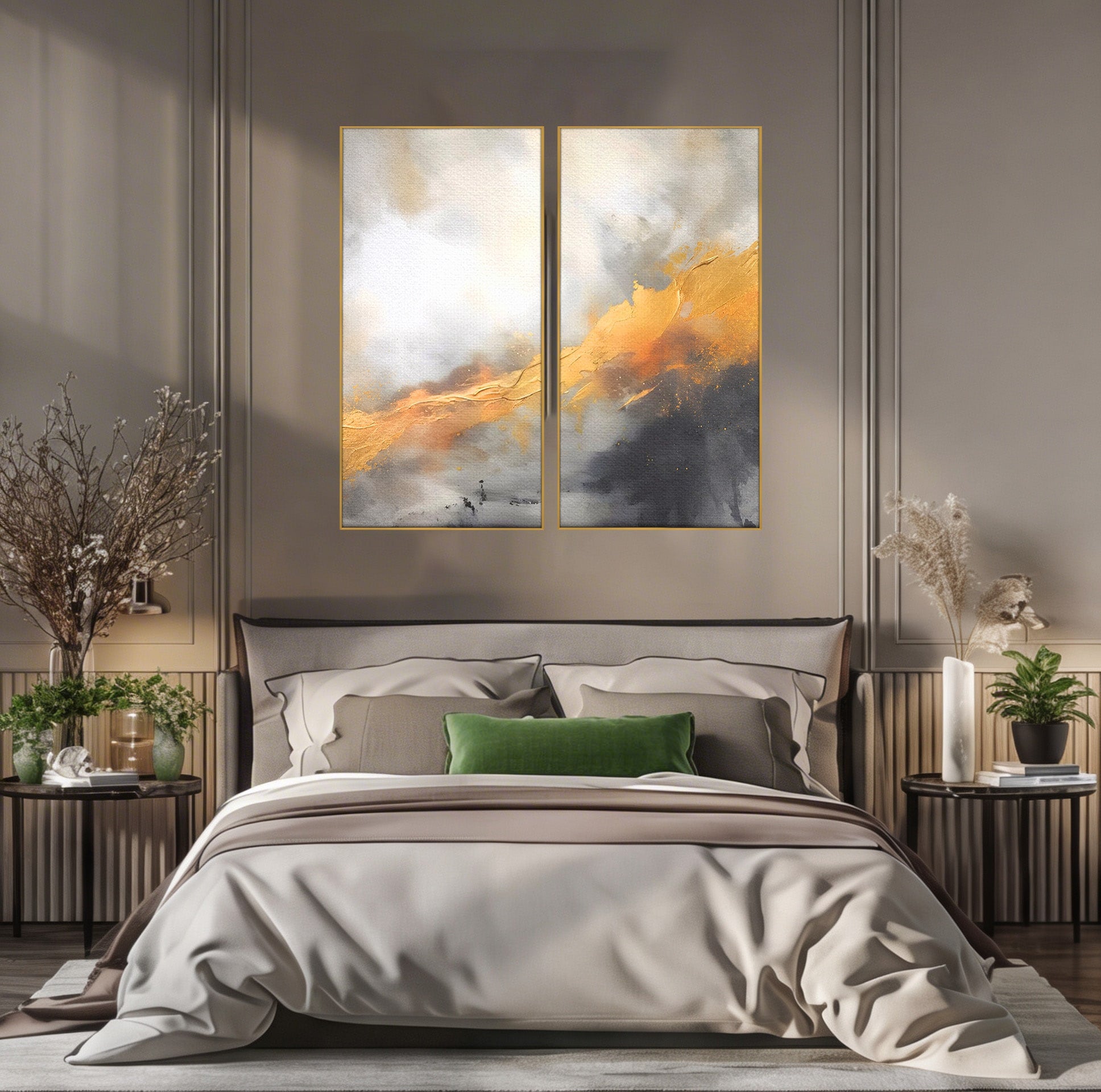 Set 2 Tablouri Canvas Premium LuxCanva® C2-1237, Gold And Grey Abstract Painting, Relaxare, Living Room, Culori Vibrante