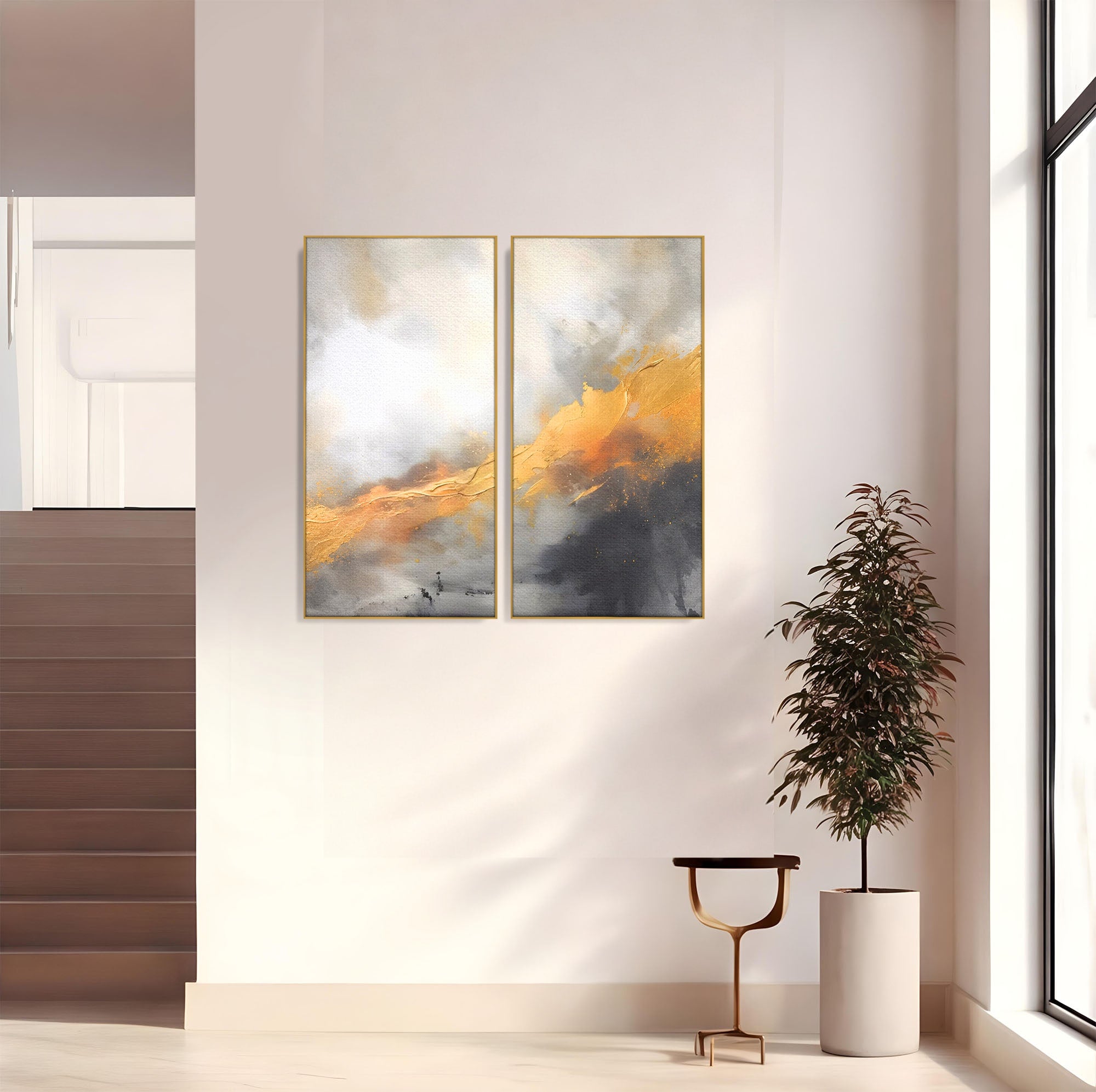Set 2 Tablouri Canvas Premium LuxCanva® C2-1237, Gold And Grey Abstract Painting, Relaxare, Living Room, Culori Vibrante
