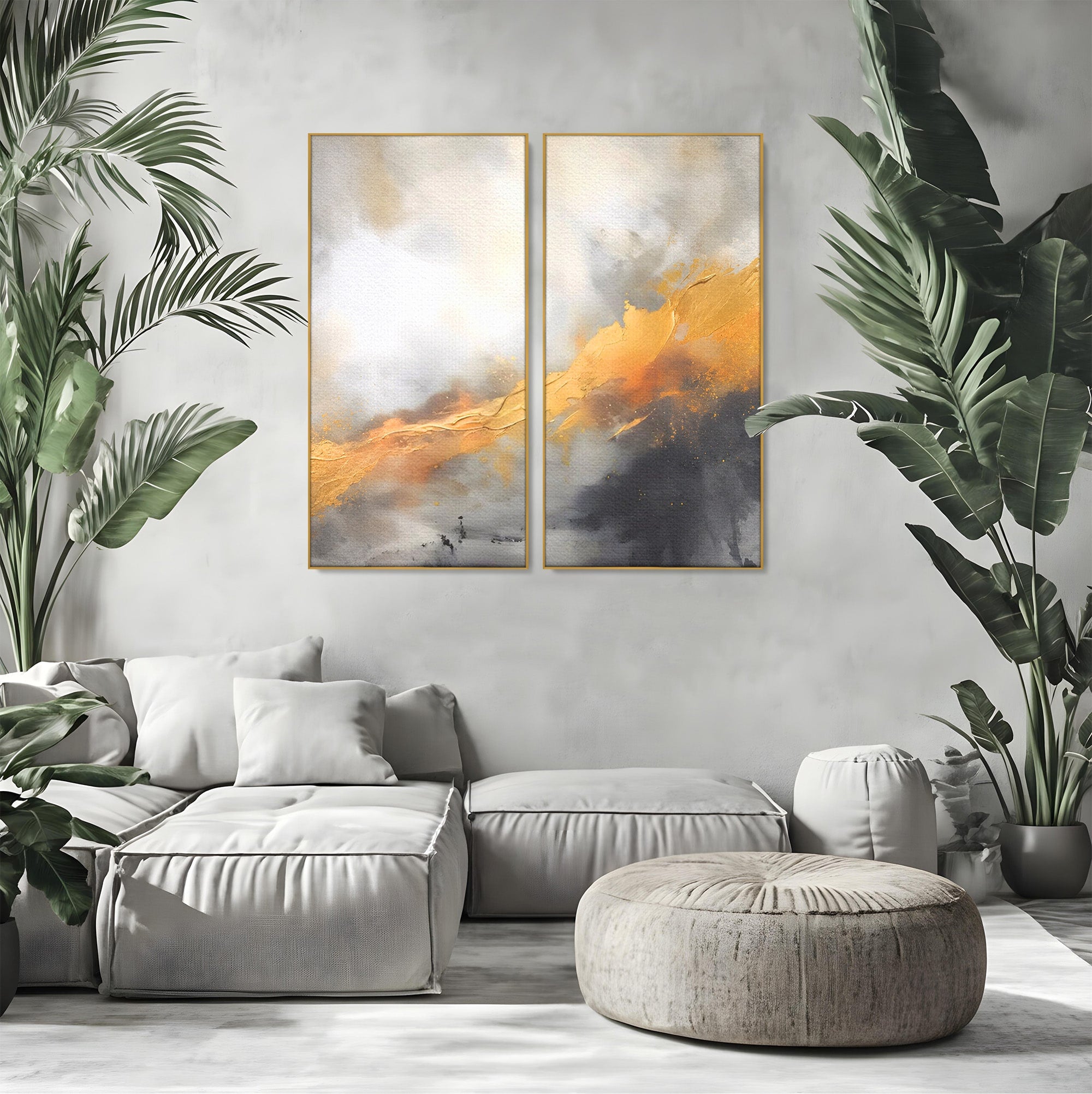 Set 2 Tablouri Canvas Premium LuxCanva® C2-1237, Gold And Grey Abstract Painting, Relaxare, Living Room, Culori Vibrante