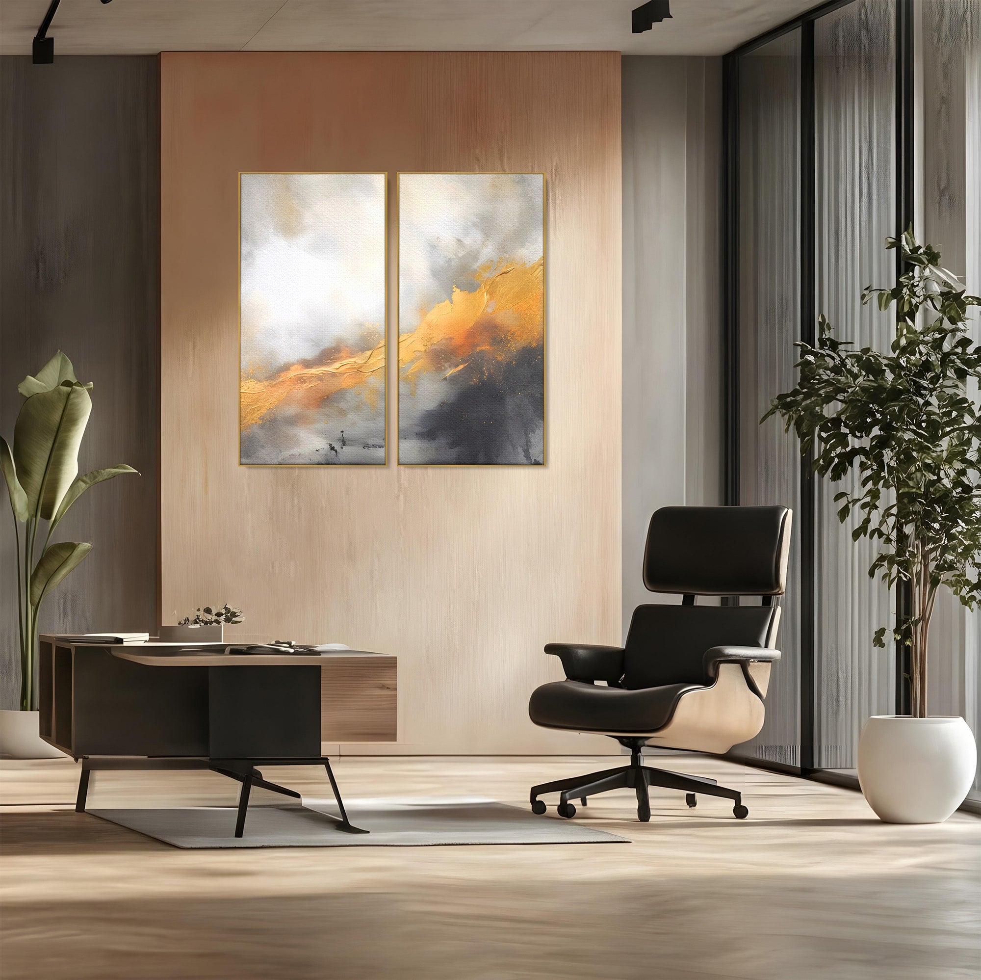 Set 2 Tablouri Canvas Premium LuxCanva® C2-1237, Gold And Grey Abstract Painting, Relaxare, Living Room, Culori Vibrante