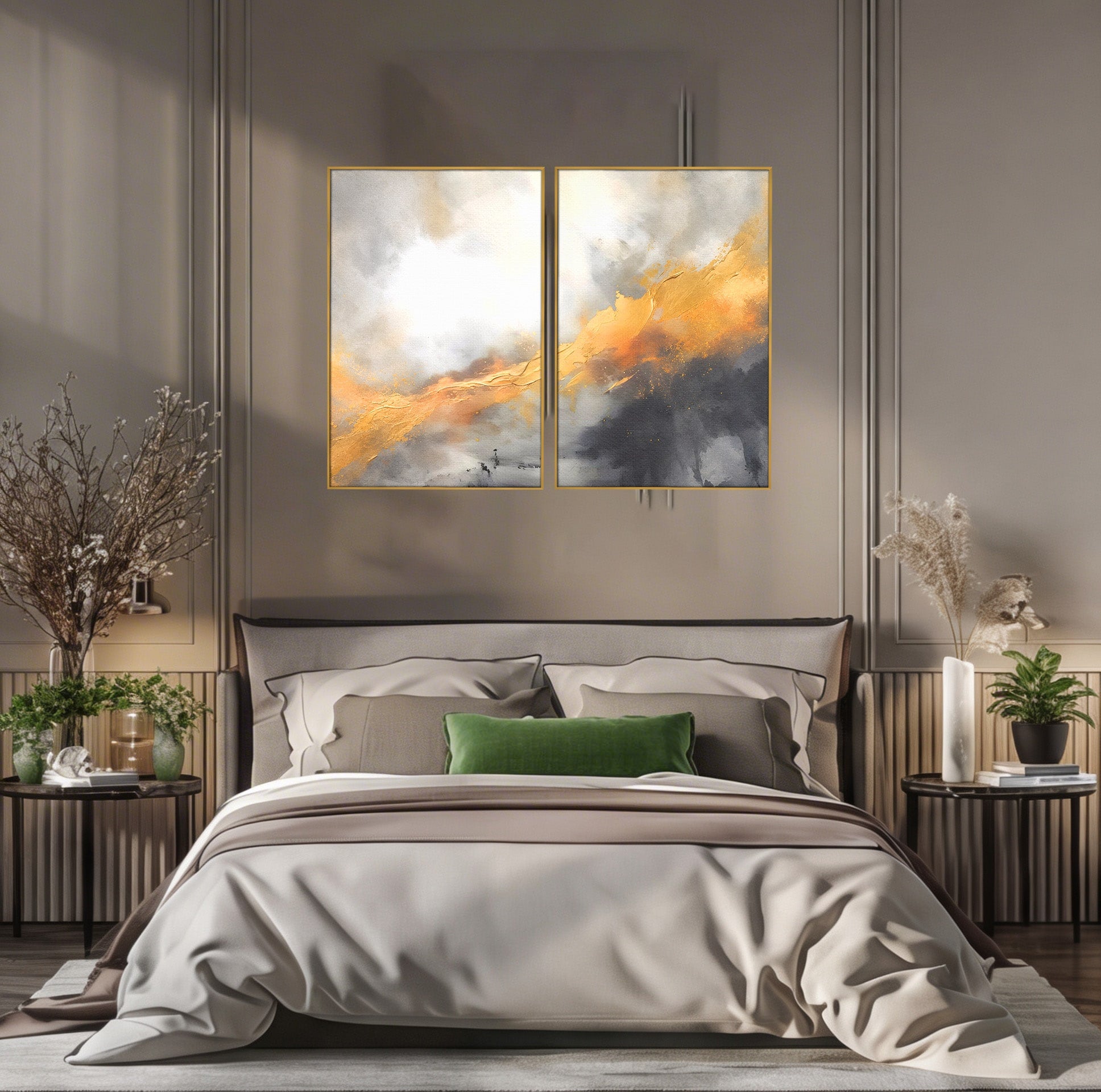 Set 2 Tablouri Canvas Premium LuxCanva® C2-1237, Gold And Grey Abstract Painting, Relaxare, Living Room, Culori Vibrante