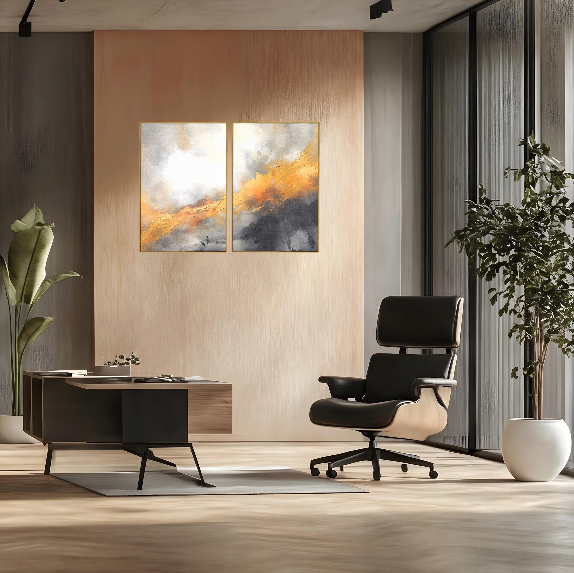 Set 2 Tablouri Canvas Premium LuxCanva® C2-1237, Gold And Grey Abstract Painting, Relaxare, Living Room, Culori Vibrante