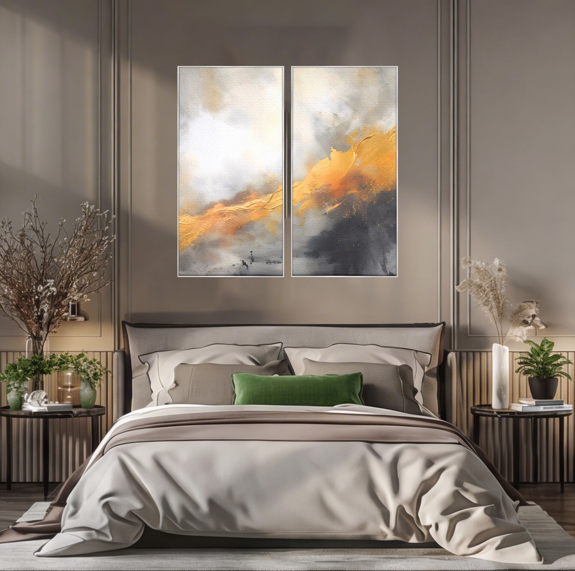 Set 2 Tablouri Canvas Premium LuxCanva® C2-1237, Gold And Grey Abstract Painting, Relaxare, Living Room, Culori Vibrante