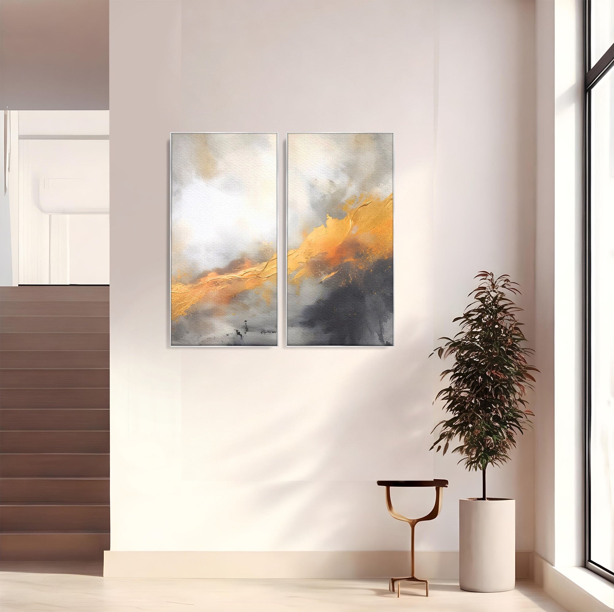 Set 2 Tablouri Canvas Premium LuxCanva® C2-1237, Gold And Grey Abstract Painting, Relaxare, Living Room, Culori Vibrante