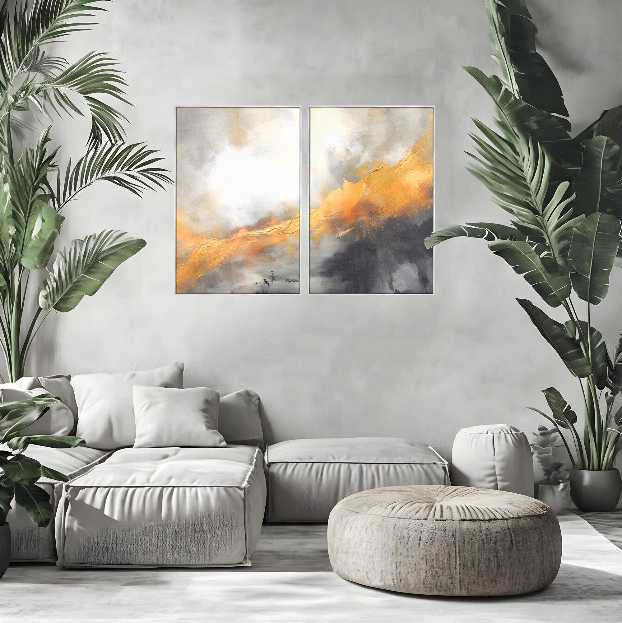 Set 2 Tablouri Canvas Premium LuxCanva® C2-1237, Gold And Grey Abstract Painting, Relaxare, Living Room, Culori Vibrante