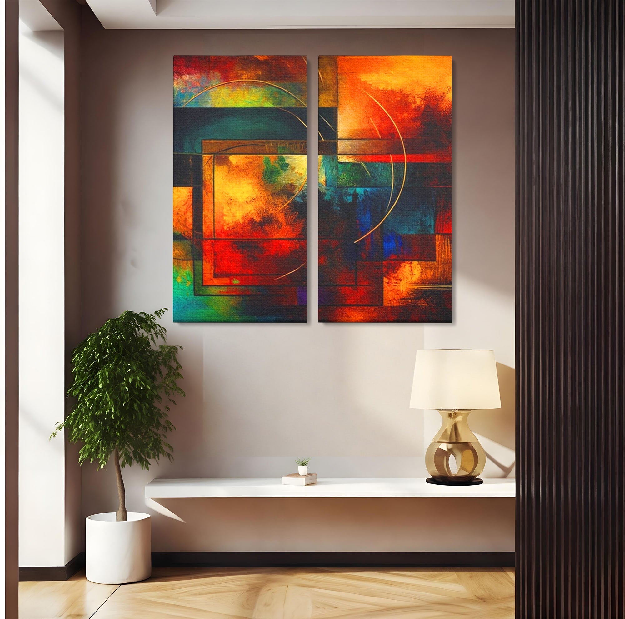 Set 2 Tablouri Canvas Premium LuxCanva® C2-1271, Cercul focului, Geometrie, Culori, Cromatic, Joc, Univers, Emotie, Tensiune, Caldura, Flux, Transformare, Metamorfoza, Dorinta, Birou, Living, Dormitor