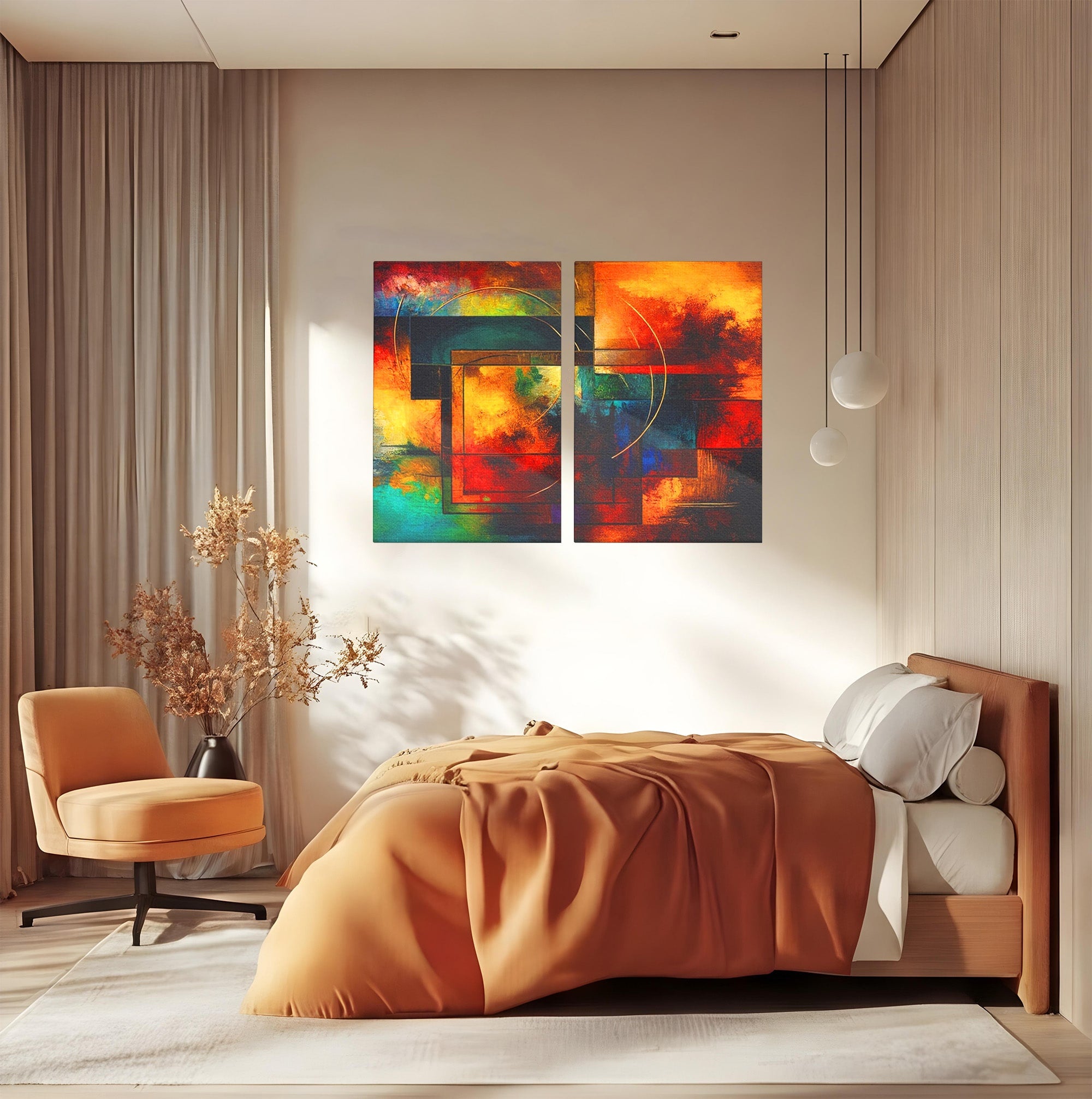 Set 2 Tablouri Canvas Premium LuxCanva® C2-1271, Cercul focului, Geometrie, Culori, Cromatic, Joc, Univers, Emotie, Tensiune, Caldura, Flux, Transformare, Metamorfoza, Dorinta, Birou, Living, Dormitor