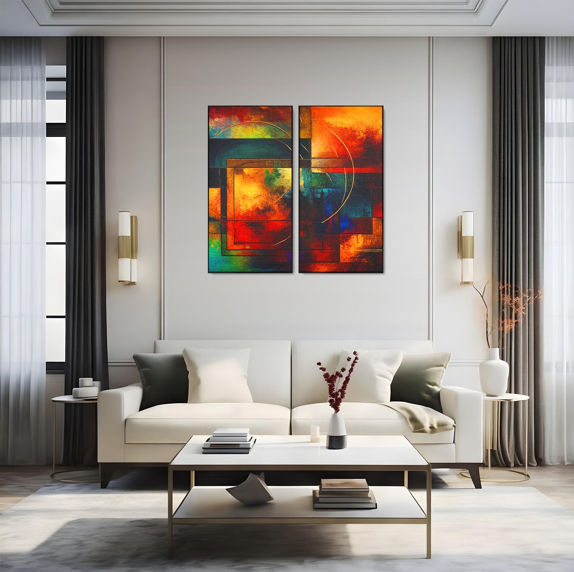 Set 2 Tablouri Canvas Premium LuxCanva® C2-1271, Cercul focului, Geometrie, Culori, Cromatic, Joc, Univers, Emotie, Tensiune, Caldura, Flux, Transformare, Metamorfoza, Dorinta, Birou, Living, Dormitor
