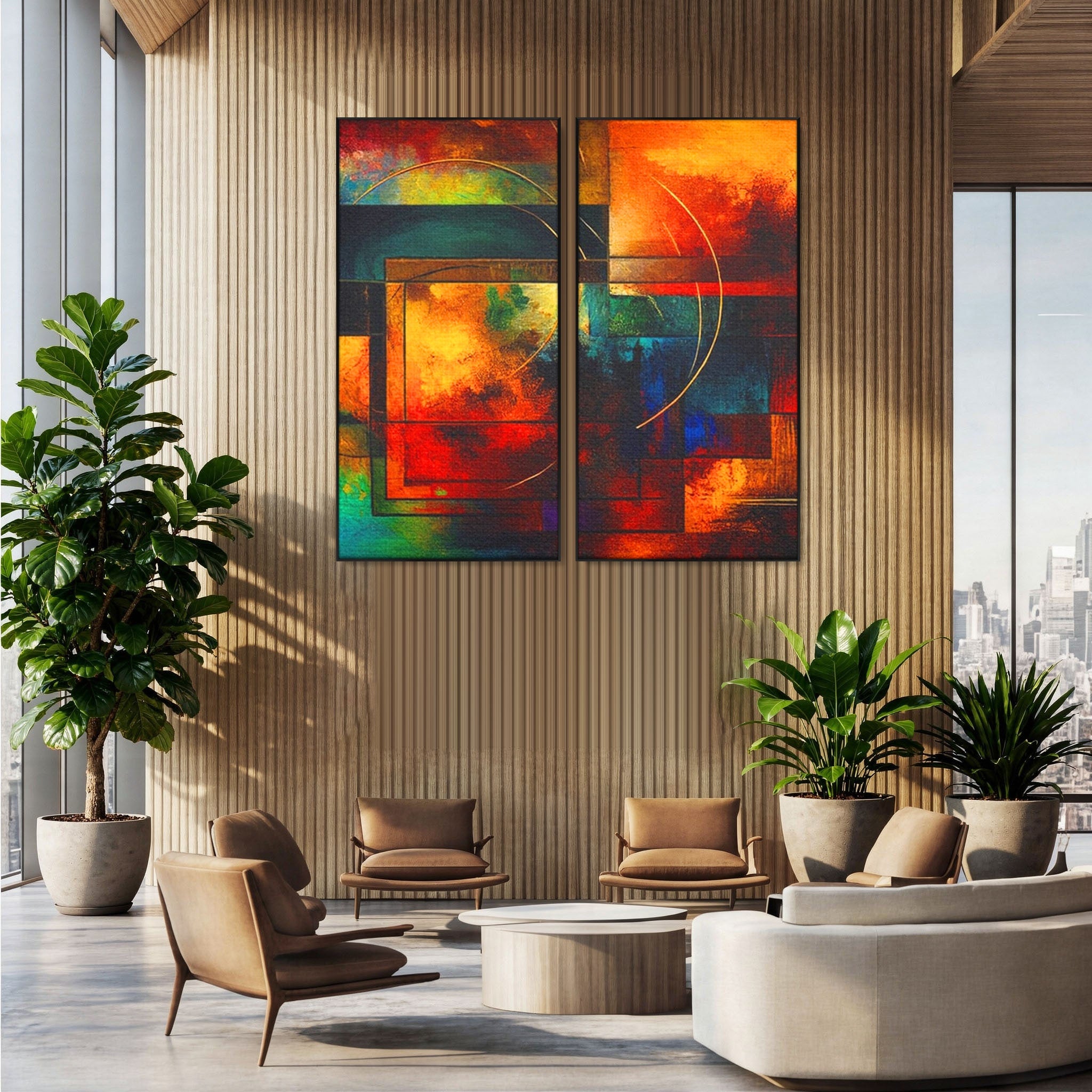 Set 2 Tablouri Canvas Premium LuxCanva® C2-1271, Cercul focului, Geometrie, Culori, Cromatic, Joc, Univers, Emotie, Tensiune, Caldura, Flux, Transformare, Metamorfoza, Dorinta, Birou, Living, Dormitor