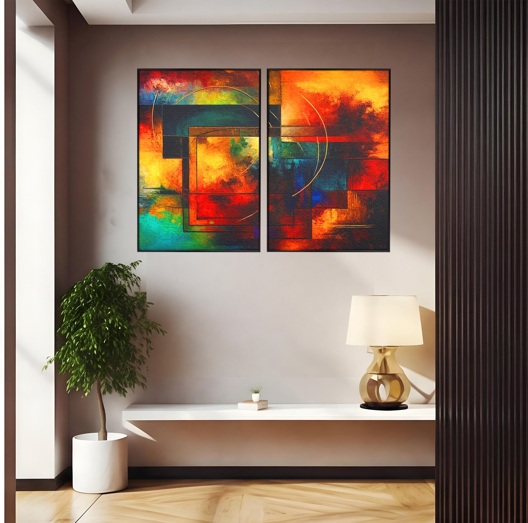 Set 2 Tablouri Canvas Premium LuxCanva® C2-1271, Cercul focului, Geometrie, Culori, Cromatic, Joc, Univers, Emotie, Tensiune, Caldura, Flux, Transformare, Metamorfoza, Dorinta, Birou, Living, Dormitor