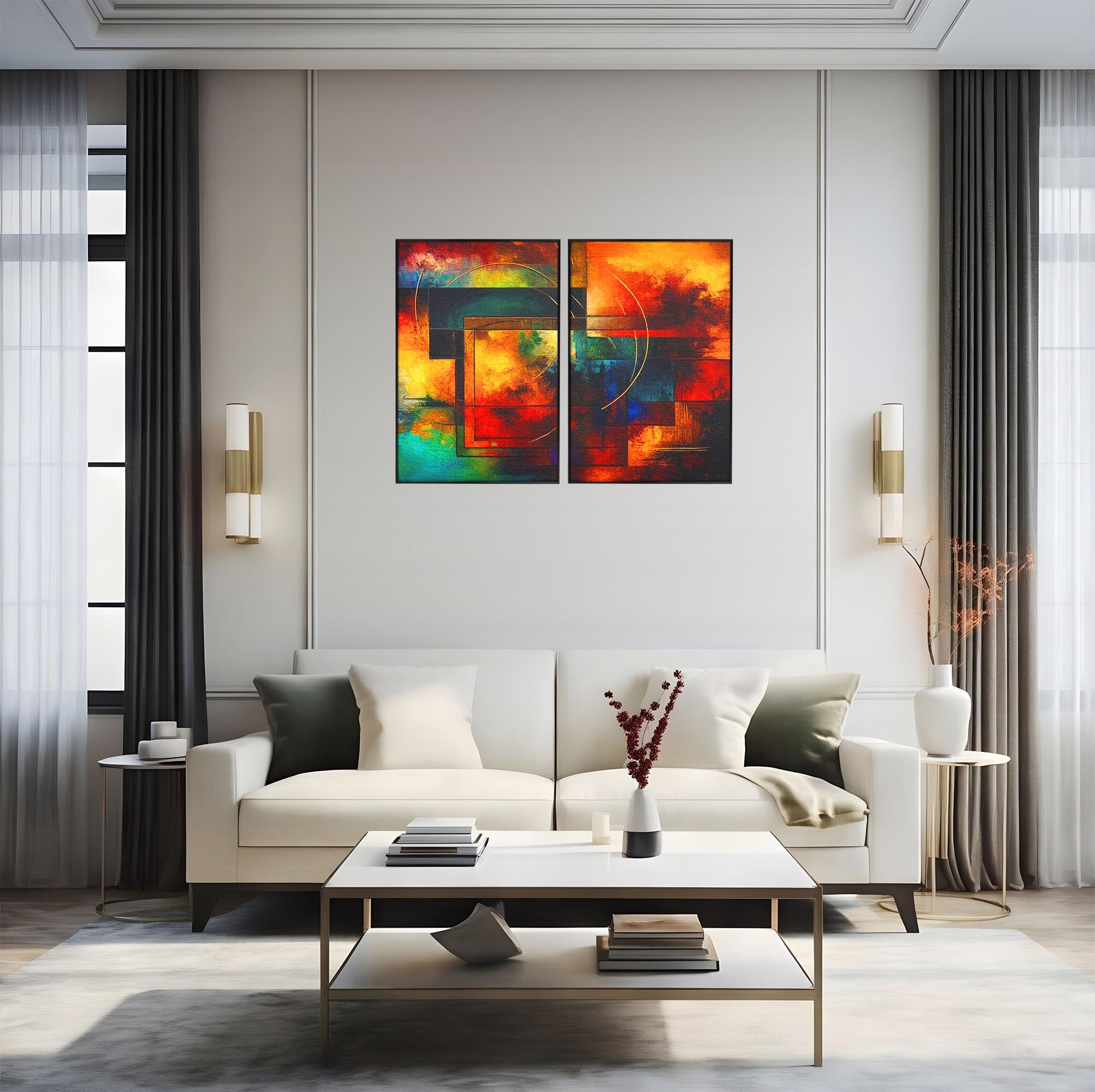 Set 2 Tablouri Canvas Premium LuxCanva® C2-1271, Cercul focului, Geometrie, Culori, Cromatic, Joc, Univers, Emotie, Tensiune, Caldura, Flux, Transformare, Metamorfoza, Dorinta, Birou, Living, Dormitor