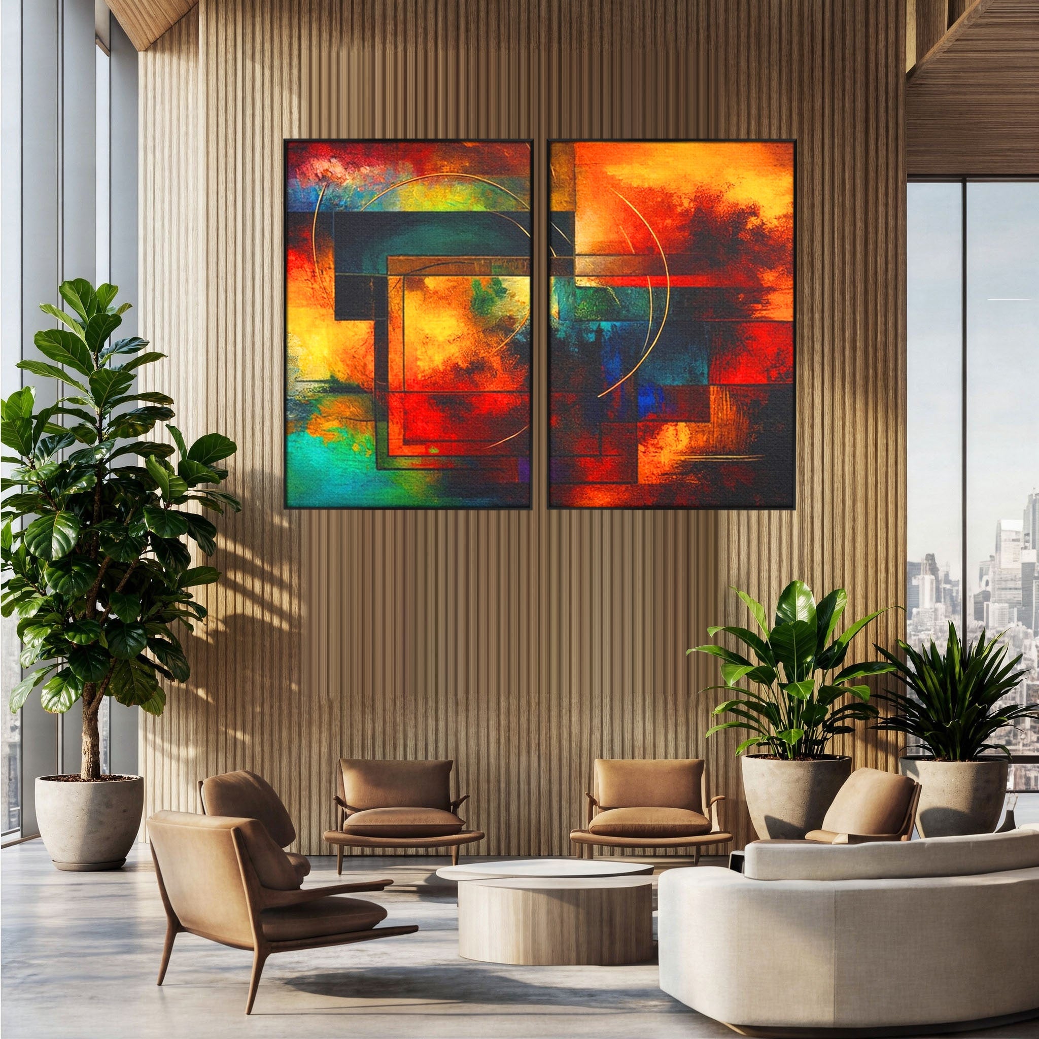 Set 2 Tablouri Canvas Premium LuxCanva® C2-1271, Cercul focului, Geometrie, Culori, Cromatic, Joc, Univers, Emotie, Tensiune, Caldura, Flux, Transformare, Metamorfoza, Dorinta, Birou, Living, Dormitor