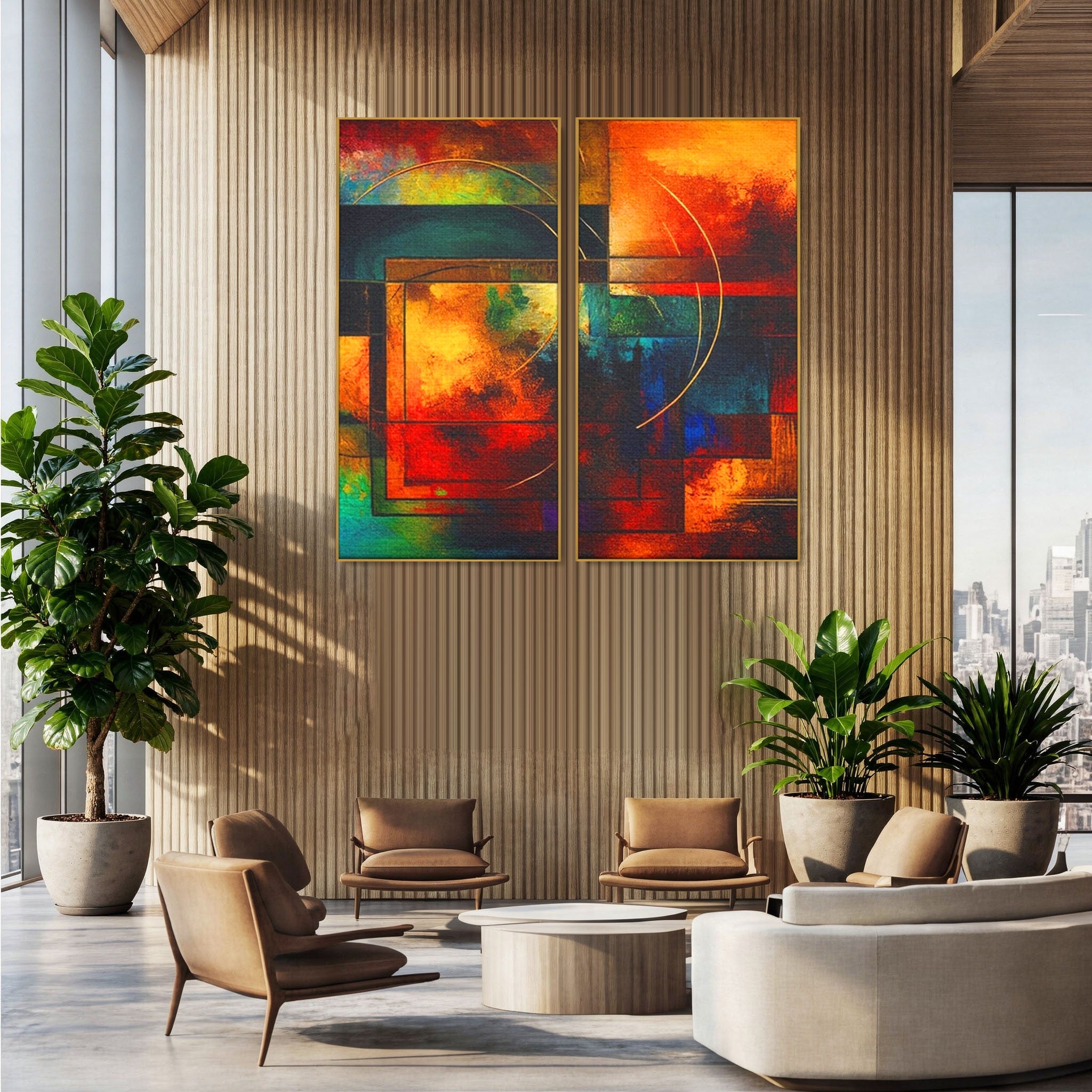 Set 2 Tablouri Canvas Premium LuxCanva® C2-1271, Cercul focului, Geometrie, Culori, Cromatic, Joc, Univers, Emotie, Tensiune, Caldura, Flux, Transformare, Metamorfoza, Dorinta, Birou, Living, Dormitor