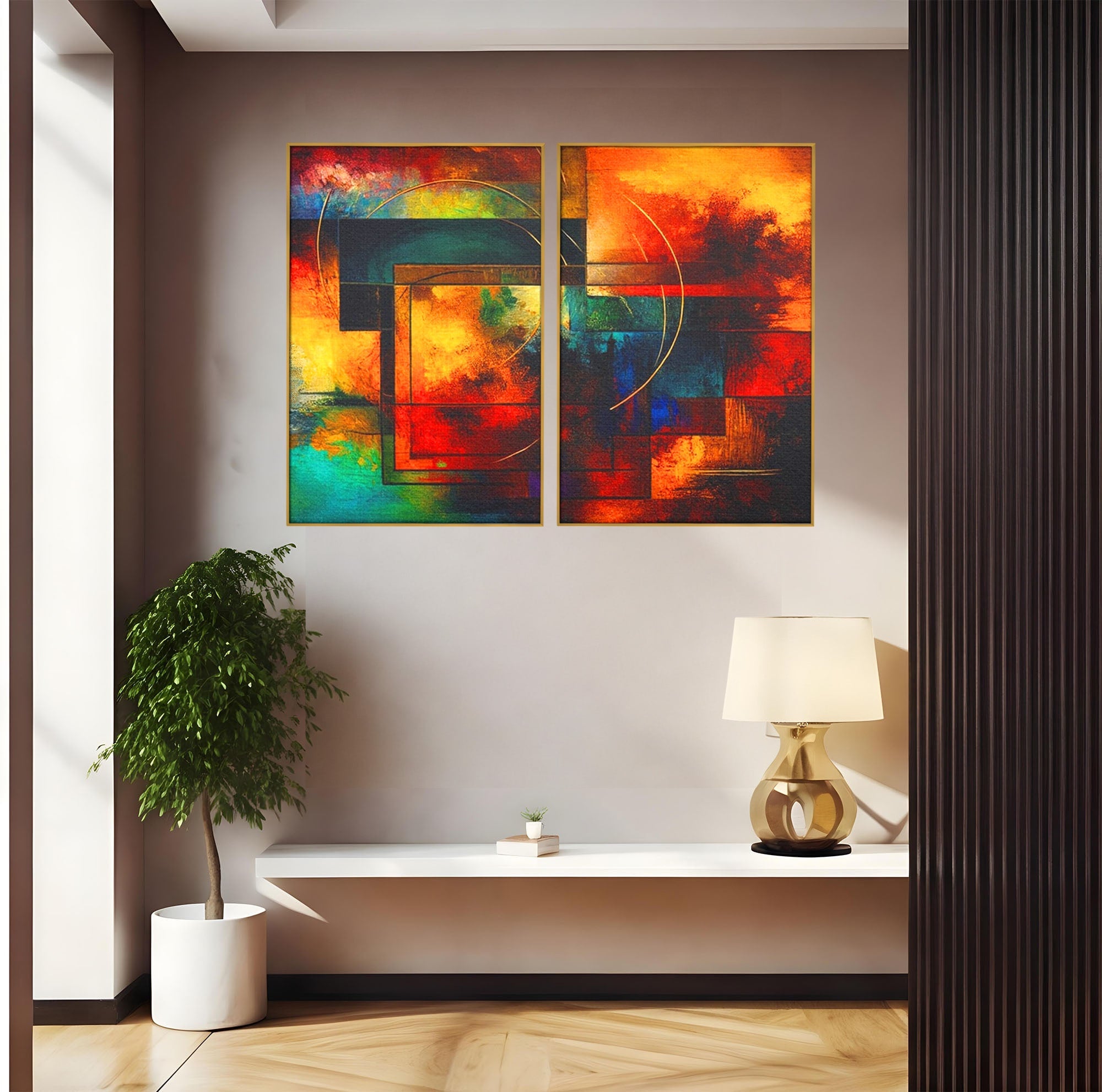 Set 2 Tablouri Canvas Premium LuxCanva® C2-1271, Cercul focului, Geometrie, Culori, Cromatic, Joc, Univers, Emotie, Tensiune, Caldura, Flux, Transformare, Metamorfoza, Dorinta, Birou, Living, Dormitor