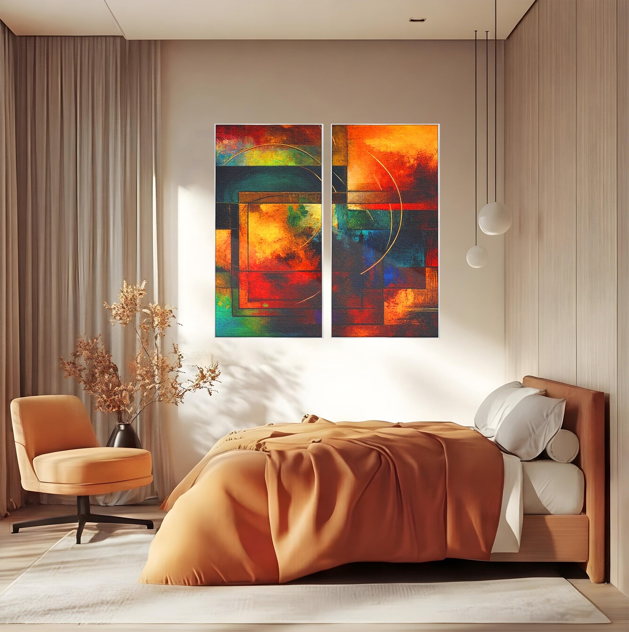 Set 2 Tablouri Canvas Premium LuxCanva® C2-1271, Cercul focului, Geometrie, Culori, Cromatic, Joc, Univers, Emotie, Tensiune, Caldura, Flux, Transformare, Metamorfoza, Dorinta, Birou, Living, Dormitor