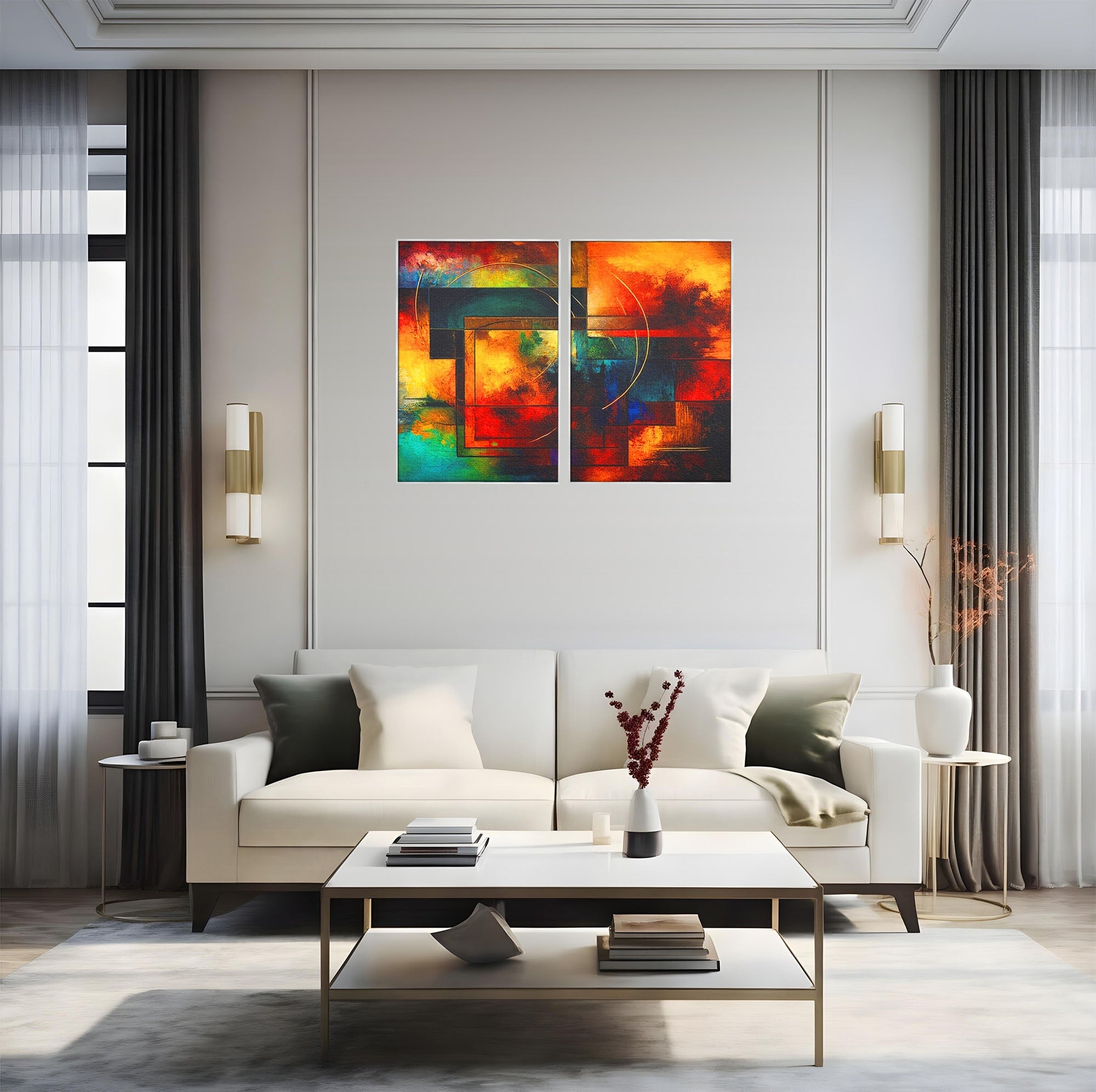 Set 2 Tablouri Canvas Premium LuxCanva® C2-1271, Cercul focului, Geometrie, Culori, Cromatic, Joc, Univers, Emotie, Tensiune, Caldura, Flux, Transformare, Metamorfoza, Dorinta, Birou, Living, Dormitor