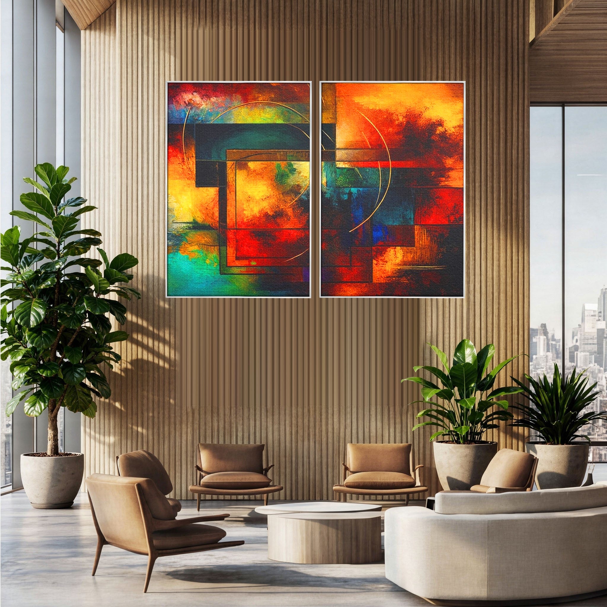 Set 2 Tablouri Canvas Premium LuxCanva® C2-1271, Cercul focului, Geometrie, Culori, Cromatic, Joc, Univers, Emotie, Tensiune, Caldura, Flux, Transformare, Metamorfoza, Dorinta, Birou, Living, Dormitor