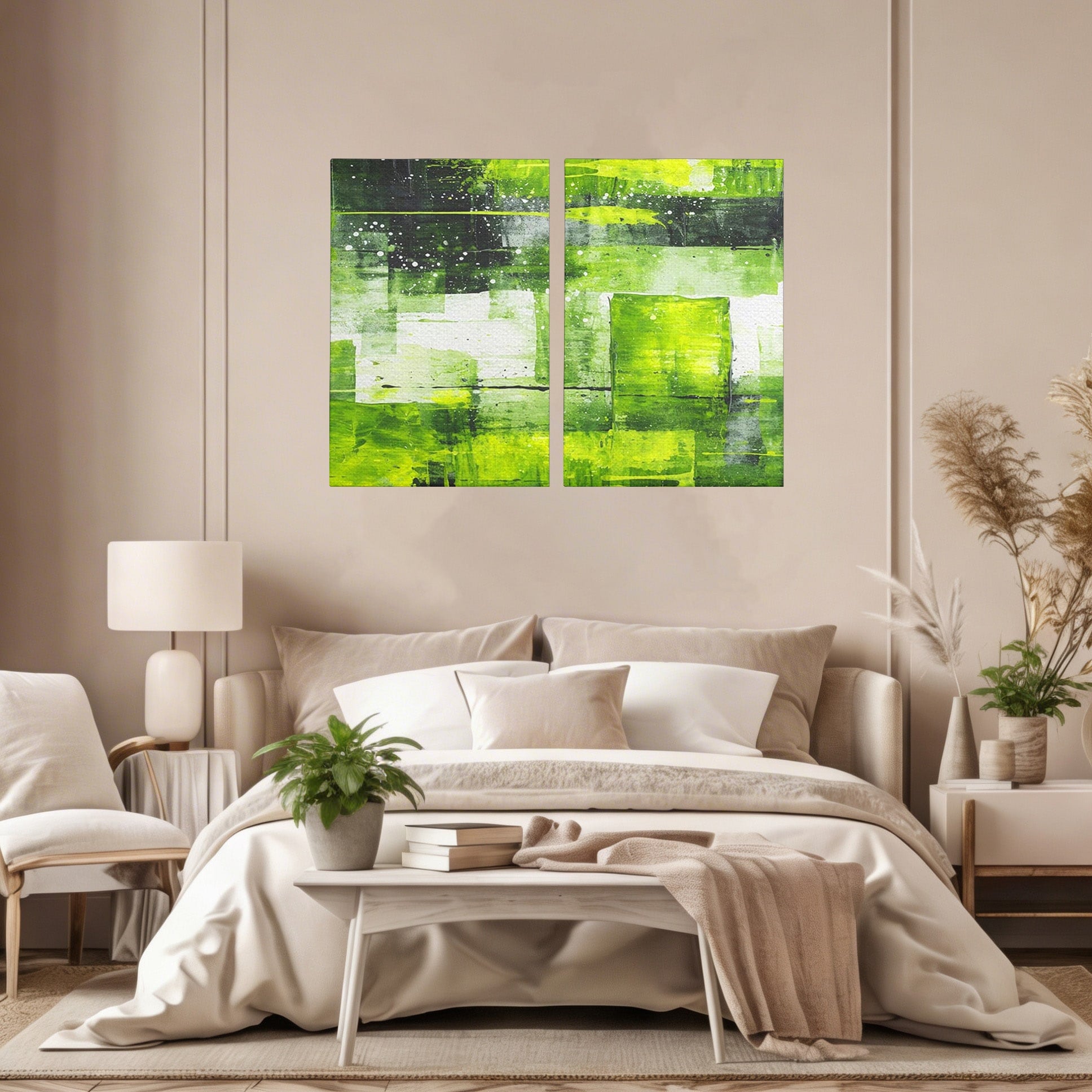 Set 2 Tablouri Canvas Premium LuxCanva® C2-1273, Puls vegetal, Geometrie, Verde, Organic, Armonie, Peisaj, Straturi, Prospetime, Abstract, Textura, Minimalism, Liniste, Spa, Birou, Living, Dormitor