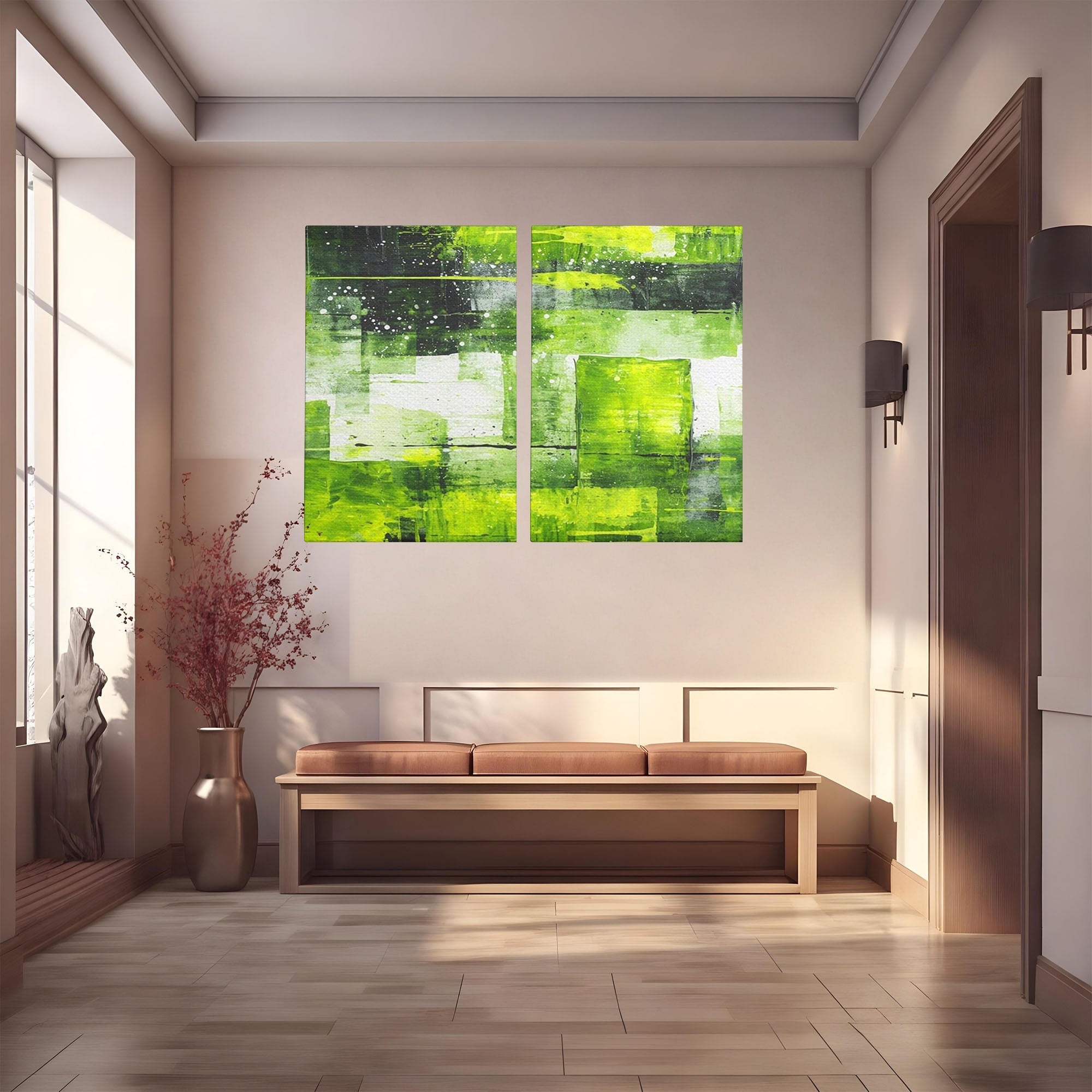 Set 2 Tablouri Canvas Premium LuxCanva® C2-1273, Puls vegetal, Geometrie, Verde, Organic, Armonie, Peisaj, Straturi, Prospetime, Abstract, Textura, Minimalism, Liniste, Spa, Birou, Living, Dormitor