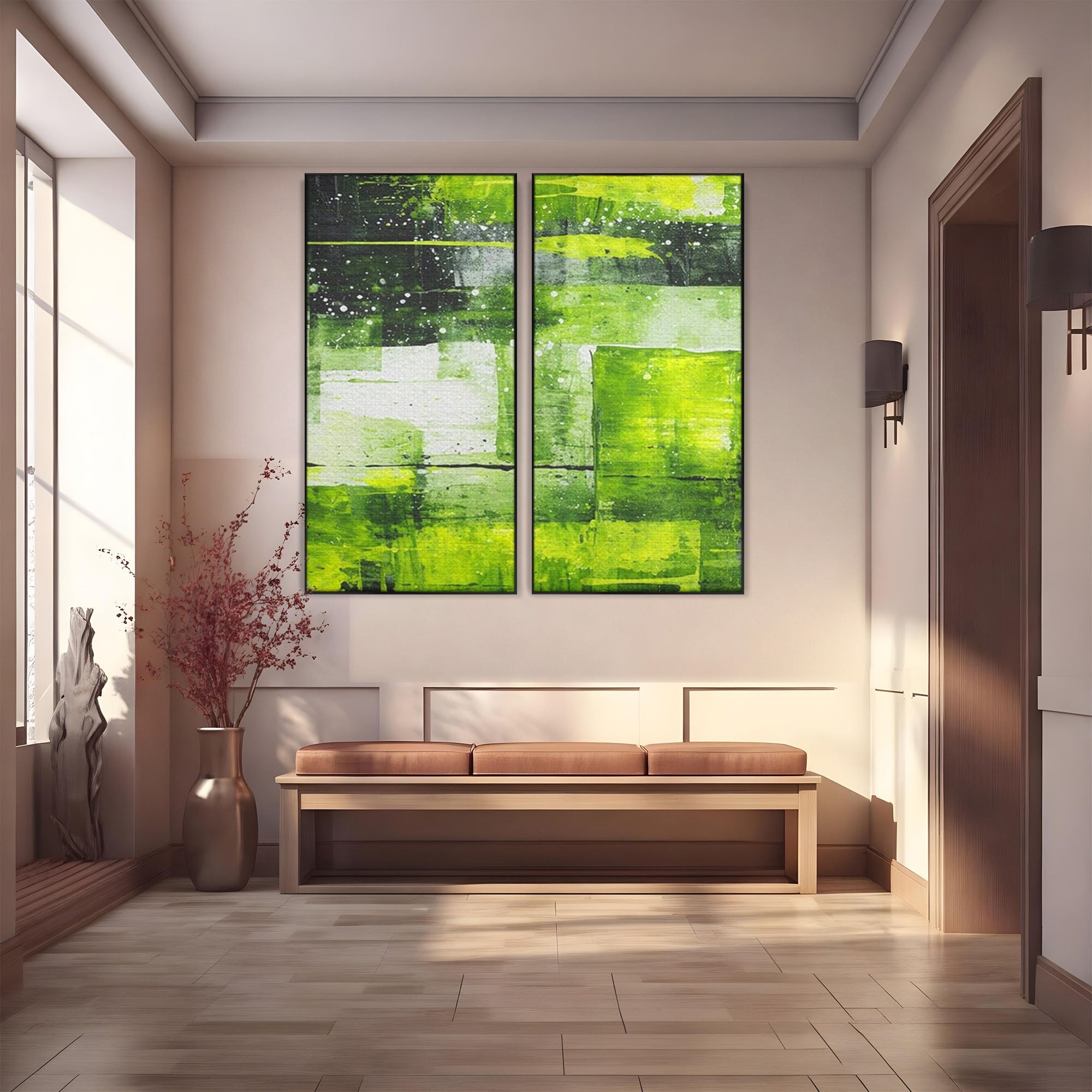 Set 2 Tablouri Canvas Premium LuxCanva® C2-1273, Puls vegetal, Geometrie, Verde, Organic, Armonie, Peisaj, Straturi, Prospetime, Abstract, Textura, Minimalism, Liniste, Spa, Birou, Living, Dormitor