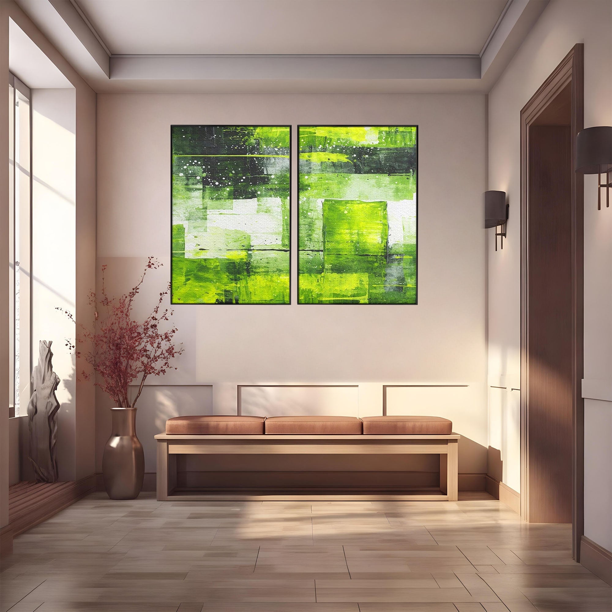Set 2 Tablouri Canvas Premium LuxCanva® C2-1273, Puls vegetal, Geometrie, Verde, Organic, Armonie, Peisaj, Straturi, Prospetime, Abstract, Textura, Minimalism, Liniste, Spa, Birou, Living, Dormitor