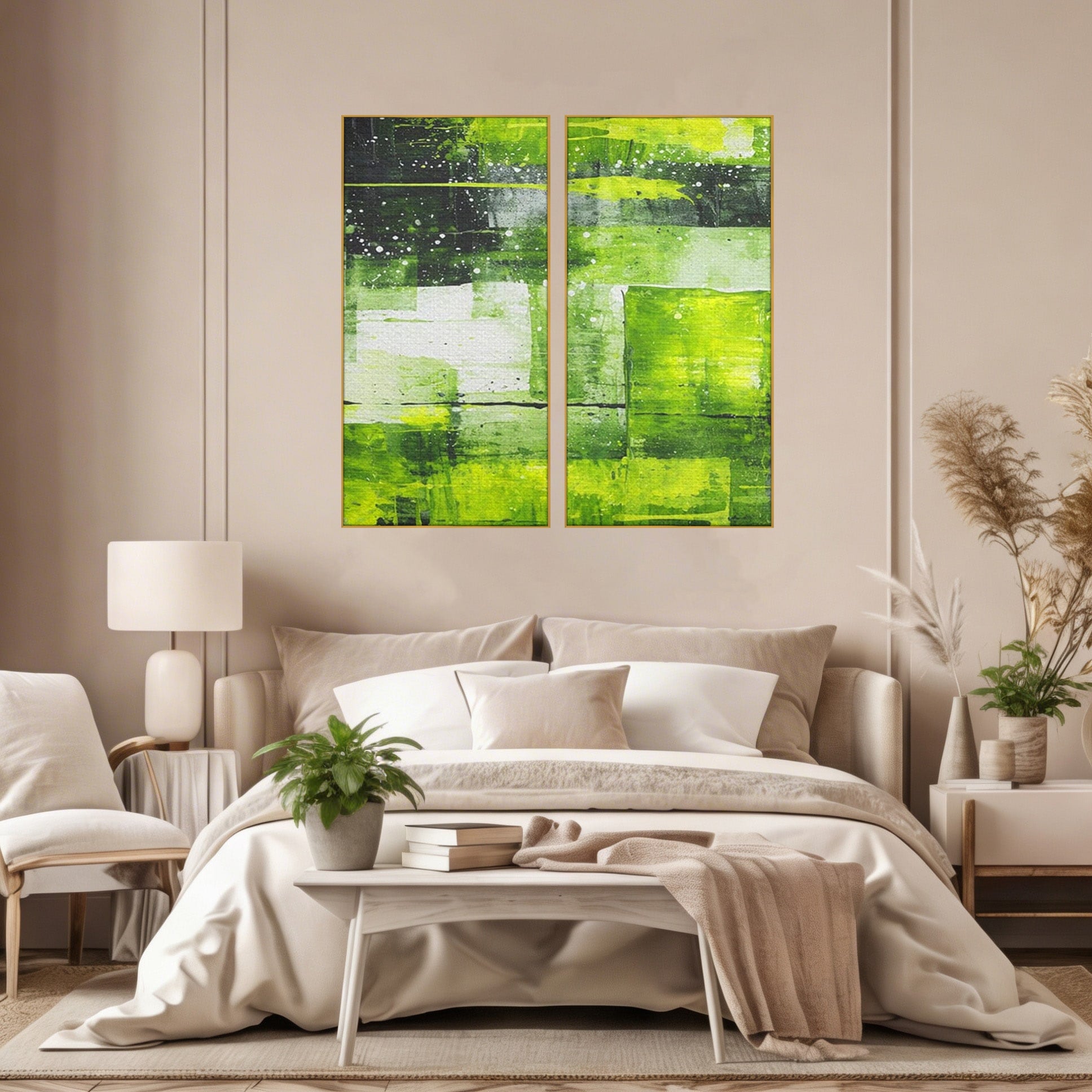 Set 2 Tablouri Canvas Premium LuxCanva® C2-1273, Puls vegetal, Geometrie, Verde, Organic, Armonie, Peisaj, Straturi, Prospetime, Abstract, Textura, Minimalism, Liniste, Spa, Birou, Living, Dormitor