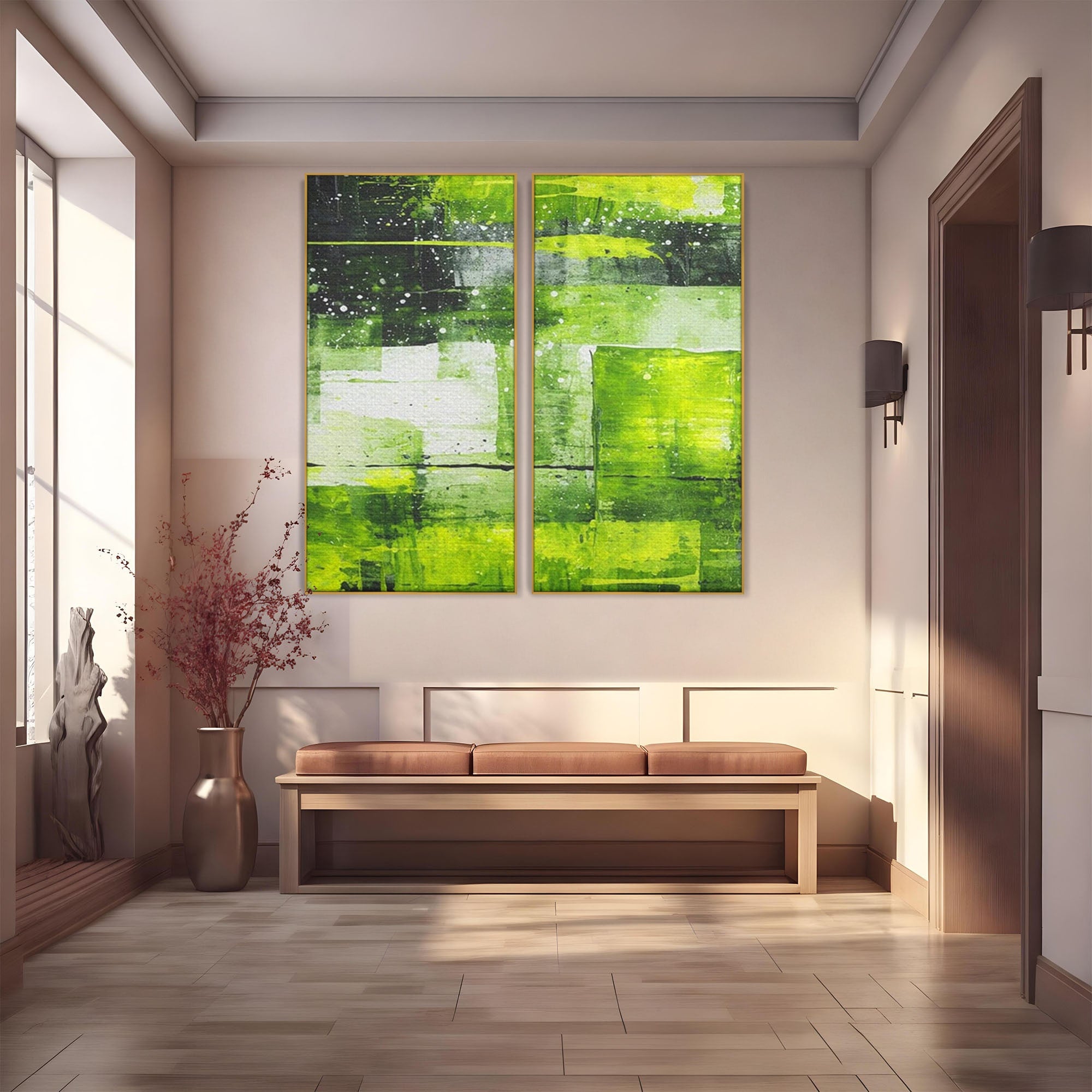 Set 2 Tablouri Canvas Premium LuxCanva® C2-1273, Puls vegetal, Geometrie, Verde, Organic, Armonie, Peisaj, Straturi, Prospetime, Abstract, Textura, Minimalism, Liniste, Spa, Birou, Living, Dormitor
