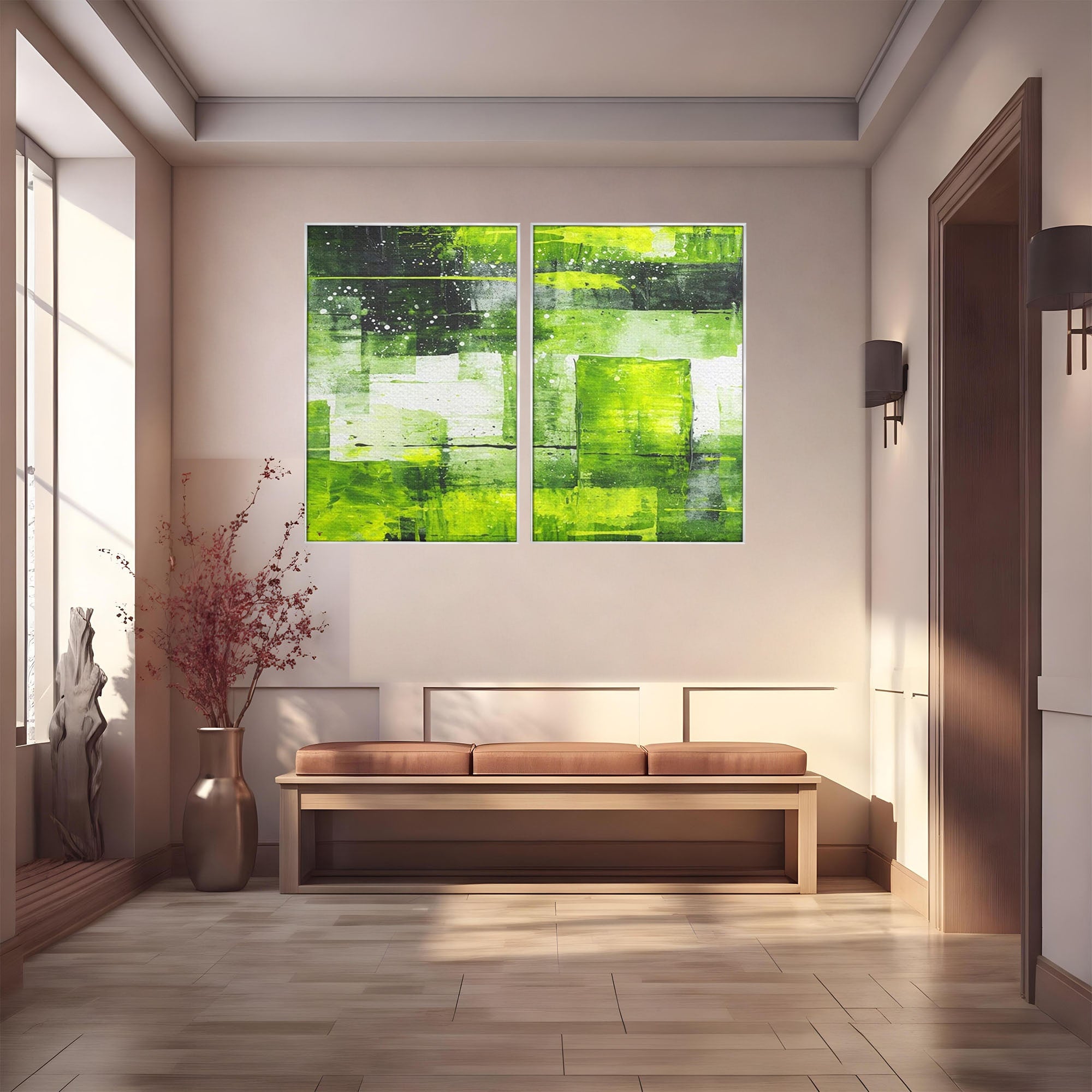 Set 2 Tablouri Canvas Premium LuxCanva® C2-1273, Puls vegetal, Geometrie, Verde, Organic, Armonie, Peisaj, Straturi, Prospetime, Abstract, Textura, Minimalism, Liniste, Spa, Birou, Living, Dormitor