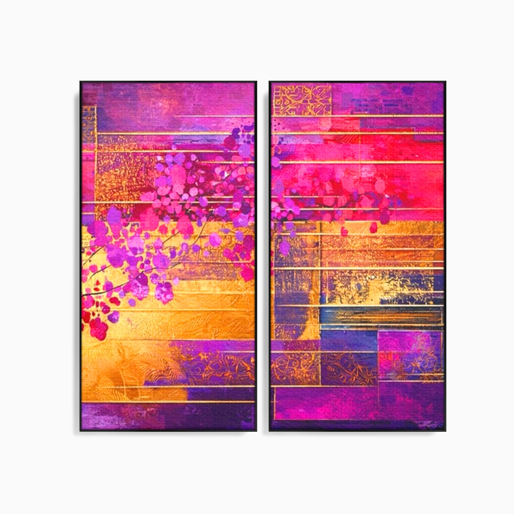 Set 2 Tablouri Canvas Premium LuxCanva® C2-1275, Gradina dintre linii, Geometrie, Mov, Roz, Abstract, Magenta, Linii, Textura, Armonie, Mister, Lumina, Eleganta, Violet, Auriu, Birou, Living, Dormitor