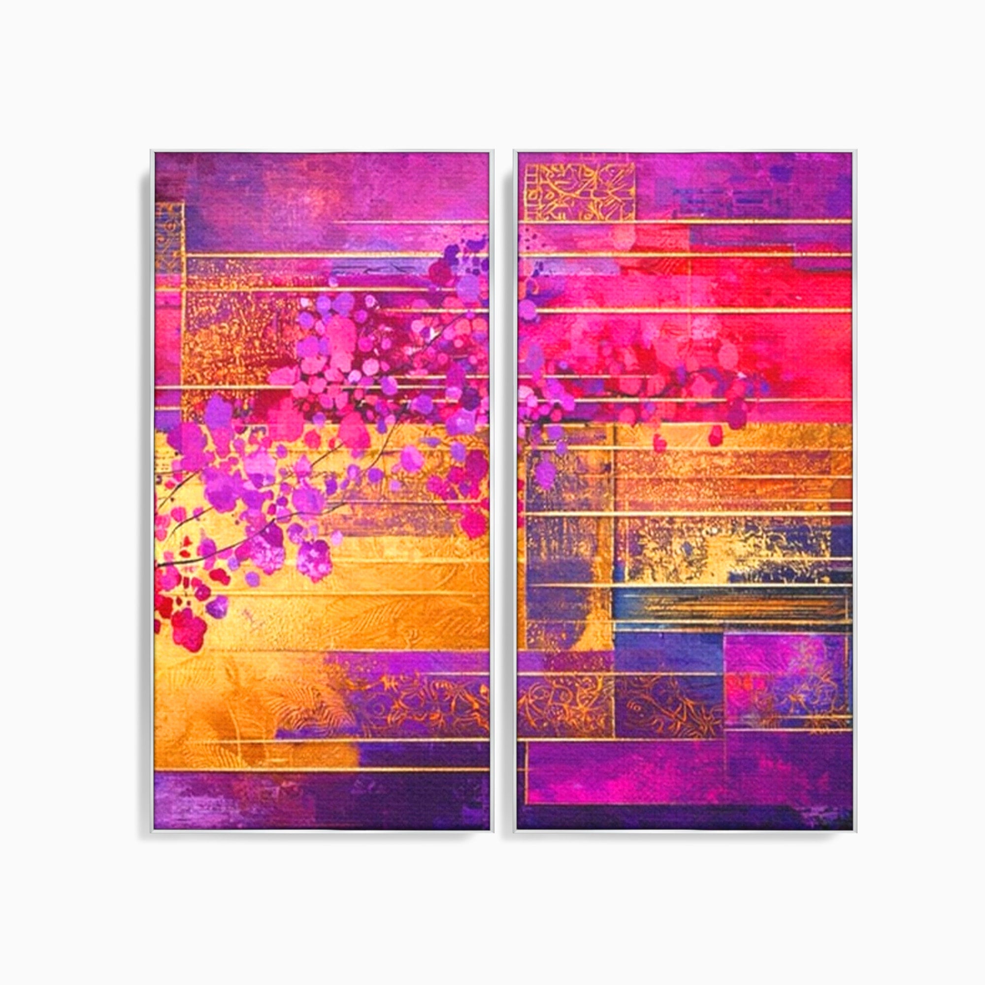 Set 2 Tablouri Canvas Premium LuxCanva® C2-1275, Gradina dintre linii, Geometrie, Mov, Roz, Abstract, Magenta, Linii, Textura, Armonie, Mister, Lumina, Eleganta, Violet, Auriu, Birou, Living, Dormitor