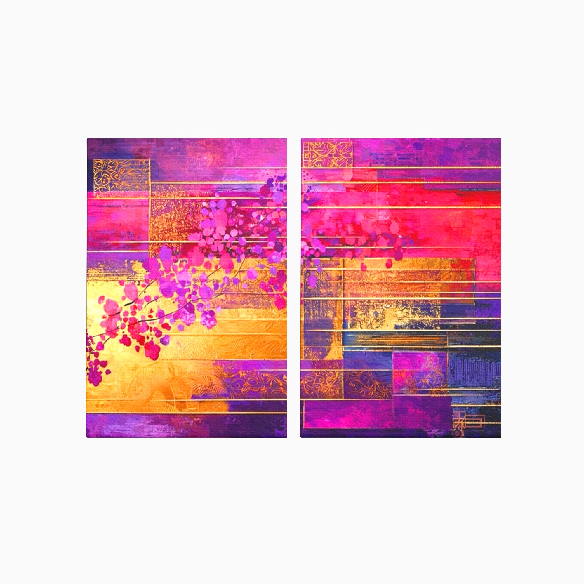 Set 2 Tablouri Canvas Premium LuxCanva® C2-1275, Gradina dintre linii, Geometrie, Mov, Roz, Abstract, Magenta, Linii, Textura, Armonie, Mister, Lumina, Eleganta, Violet, Auriu, Birou, Living, Dormitor