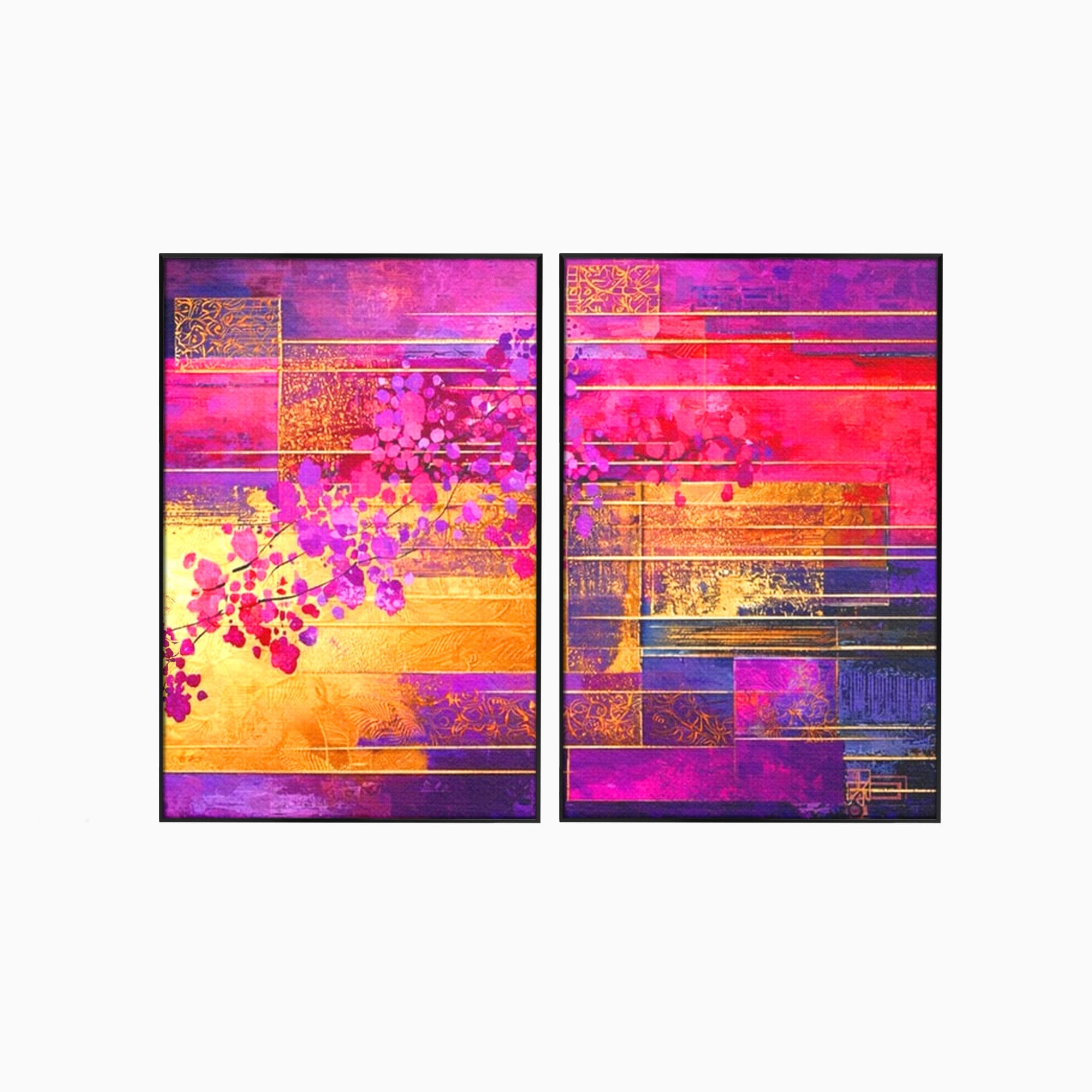 Set 2 Tablouri Canvas Premium LuxCanva® C2-1275, Gradina dintre linii, Geometrie, Mov, Roz, Abstract, Magenta, Linii, Textura, Armonie, Mister, Lumina, Eleganta, Violet, Auriu, Birou, Living, Dormitor