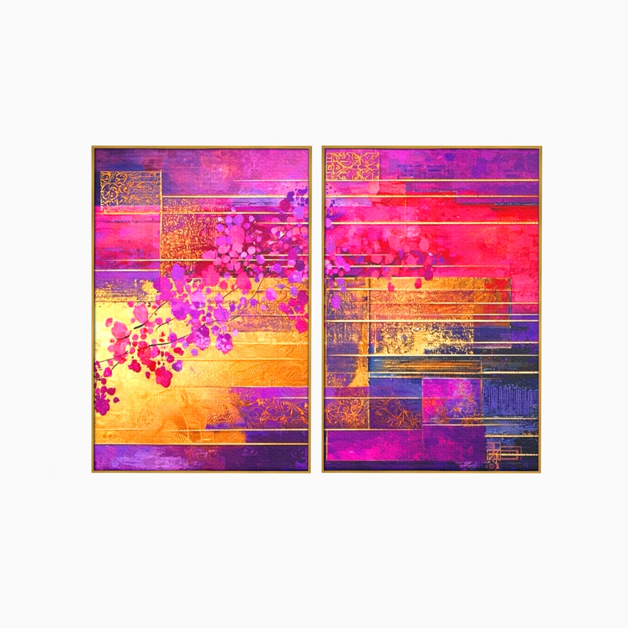 Set 2 Tablouri Canvas Premium LuxCanva® C2-1275, Gradina dintre linii, Geometrie, Mov, Roz, Abstract, Magenta, Linii, Textura, Armonie, Mister, Lumina, Eleganta, Violet, Auriu, Birou, Living, Dormitor