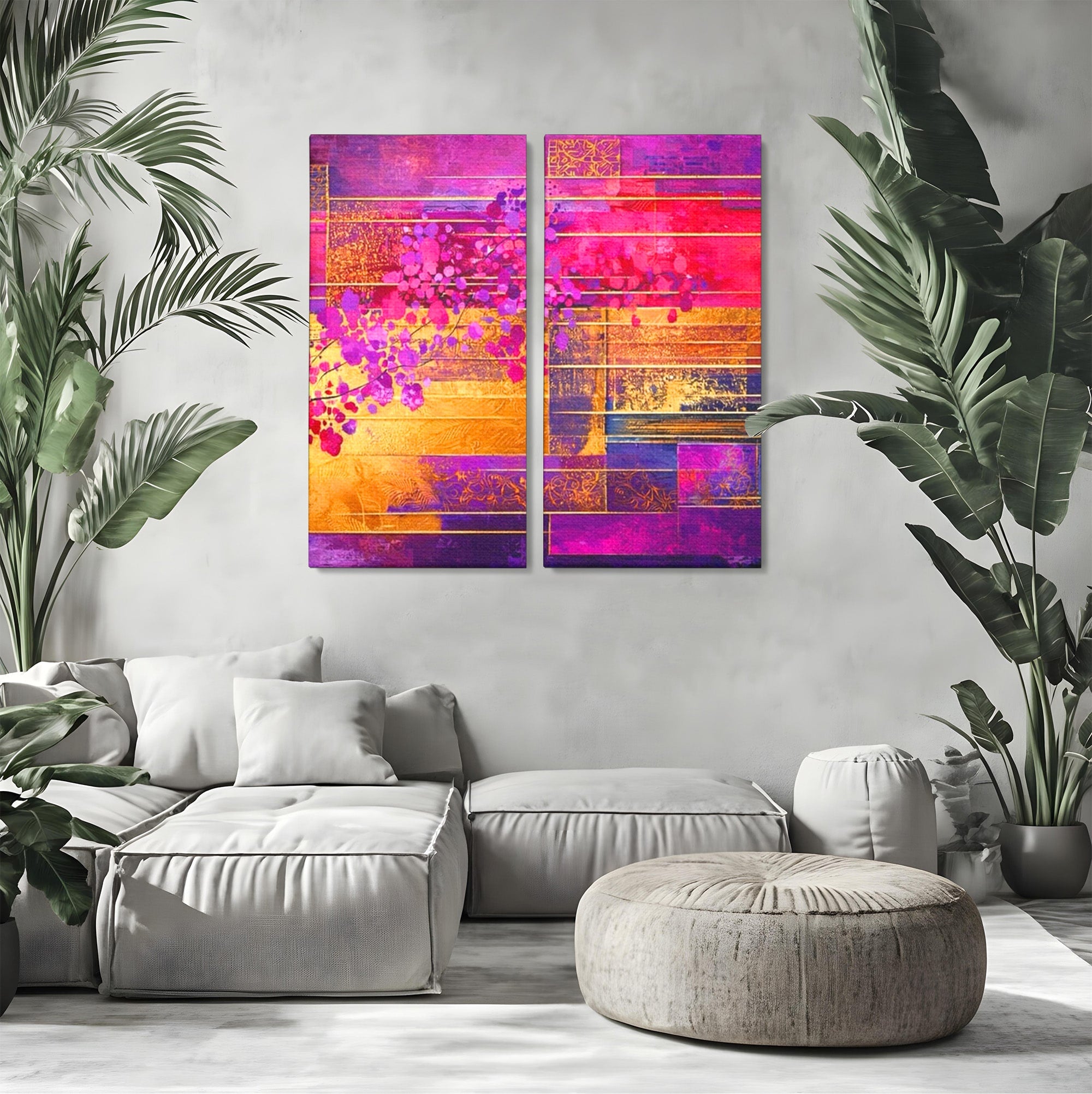 Set 2 Tablouri Canvas Premium LuxCanva® C2-1275, Gradina dintre linii, Geometrie, Mov, Roz, Abstract, Magenta, Linii, Textura, Armonie, Mister, Lumina, Eleganta, Violet, Auriu, Birou, Living, Dormitor