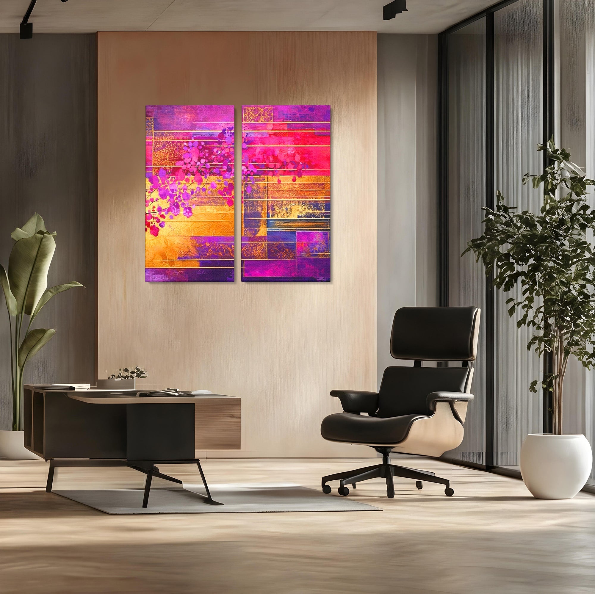 Set 2 Tablouri Canvas Premium LuxCanva® C2-1275, Gradina dintre linii, Geometrie, Mov, Roz, Abstract, Magenta, Linii, Textura, Armonie, Mister, Lumina, Eleganta, Violet, Auriu, Birou, Living, Dormitor
