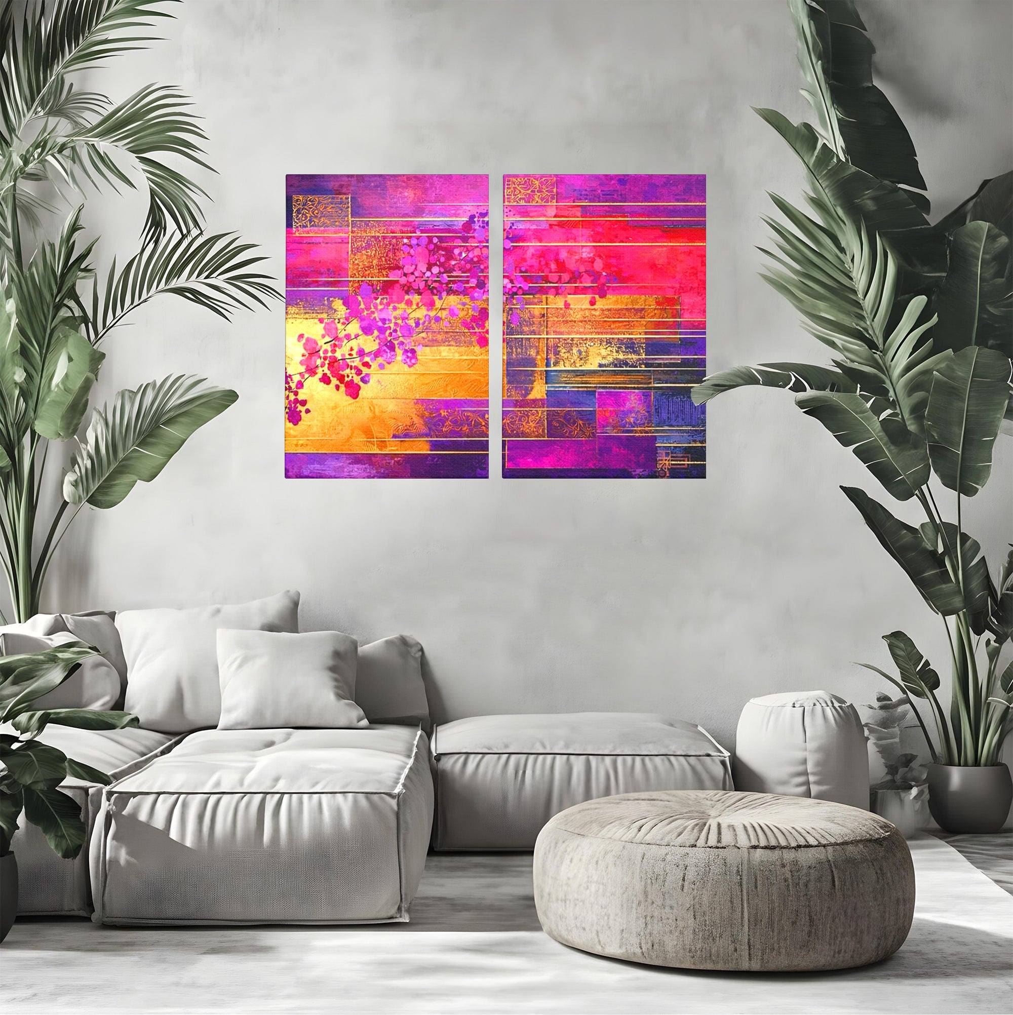 Set 2 Tablouri Canvas Premium LuxCanva® C2-1275, Gradina dintre linii, Geometrie, Mov, Roz, Abstract, Magenta, Linii, Textura, Armonie, Mister, Lumina, Eleganta, Violet, Auriu, Birou, Living, Dormitor