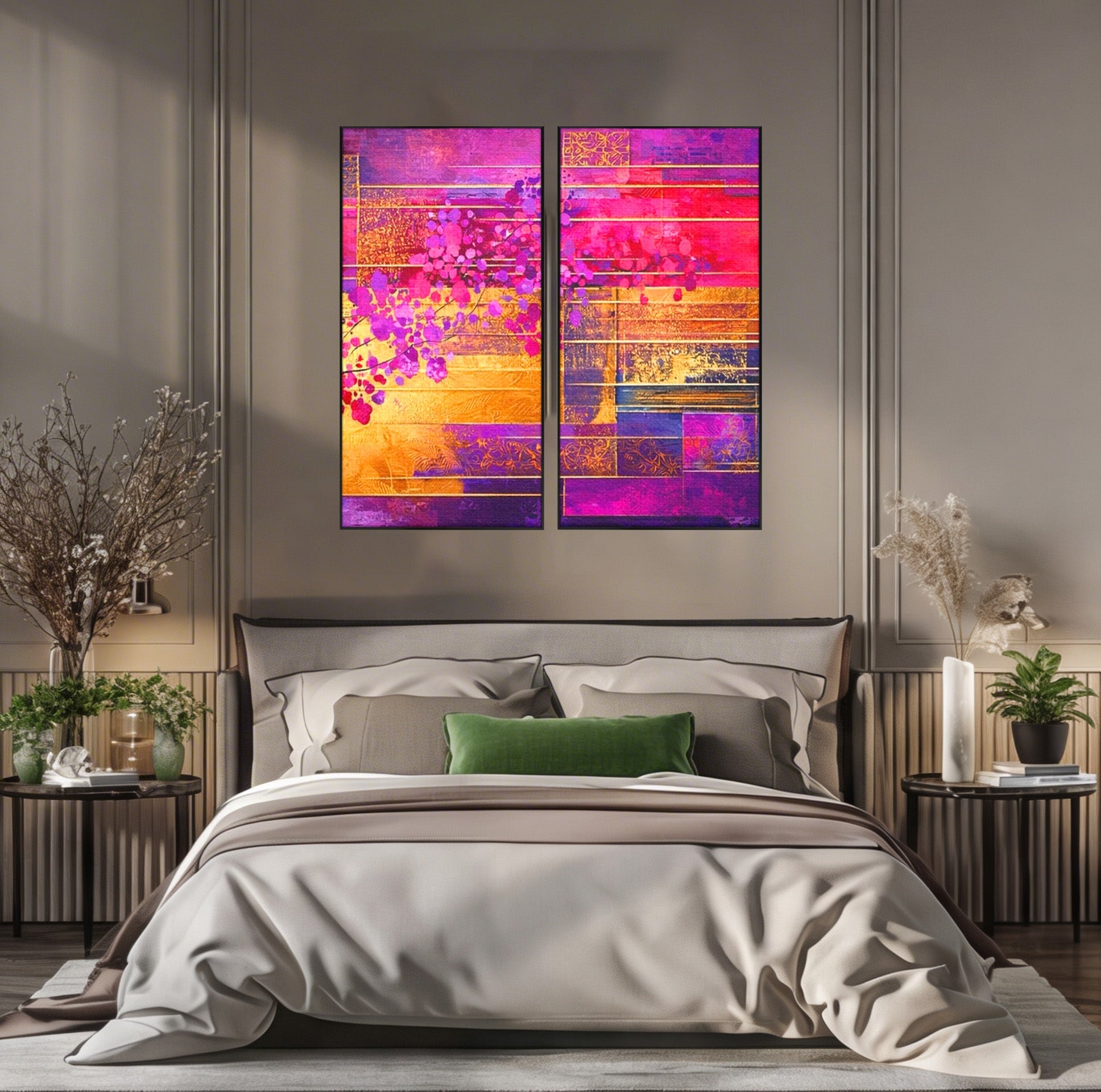 Set 2 Tablouri Canvas Premium LuxCanva® C2-1275, Gradina dintre linii, Geometrie, Mov, Roz, Abstract, Magenta, Linii, Textura, Armonie, Mister, Lumina, Eleganta, Violet, Auriu, Birou, Living, Dormitor