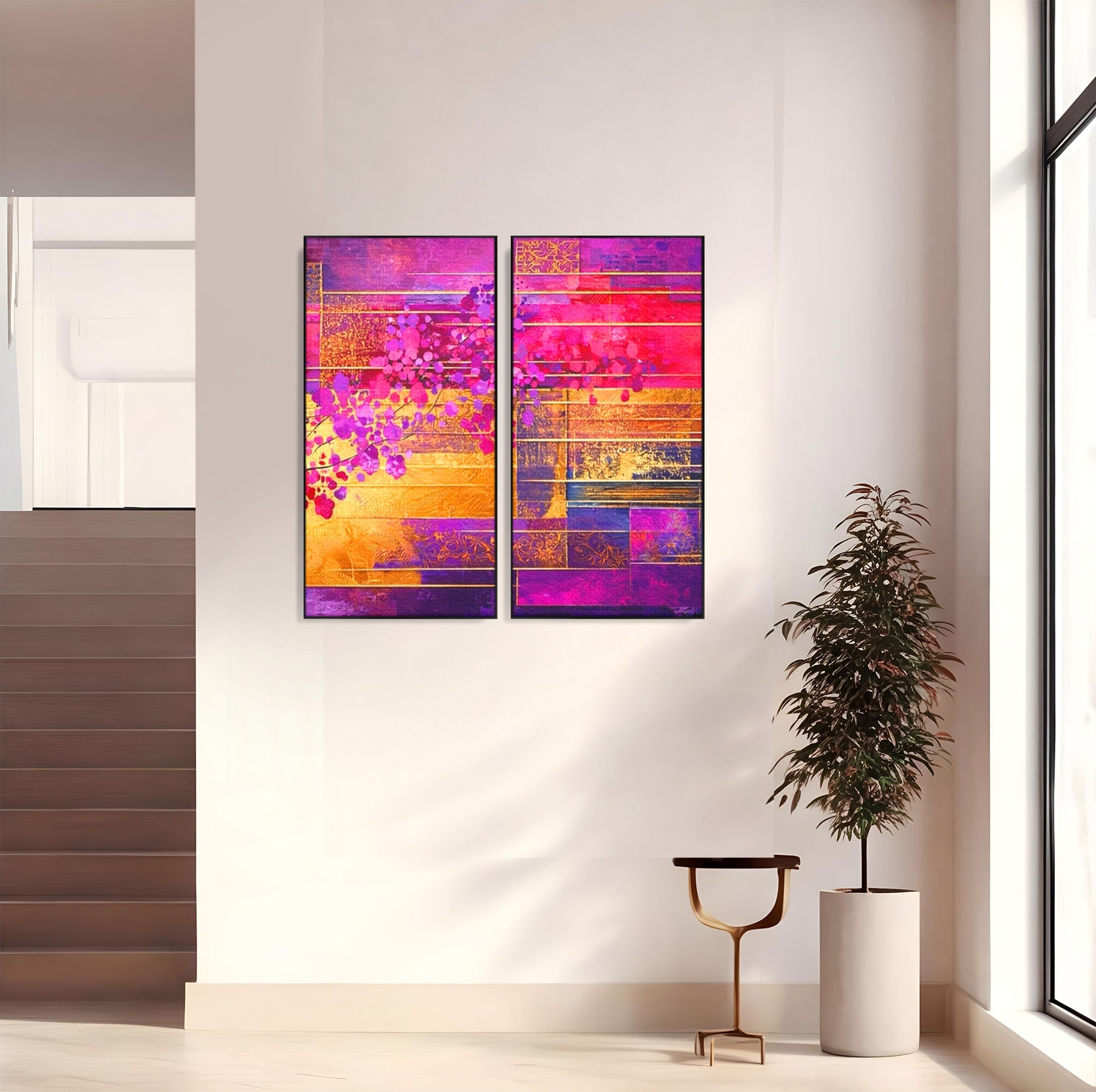 Set 2 Tablouri Canvas Premium LuxCanva® C2-1275, Gradina dintre linii, Geometrie, Mov, Roz, Abstract, Magenta, Linii, Textura, Armonie, Mister, Lumina, Eleganta, Violet, Auriu, Birou, Living, Dormitor