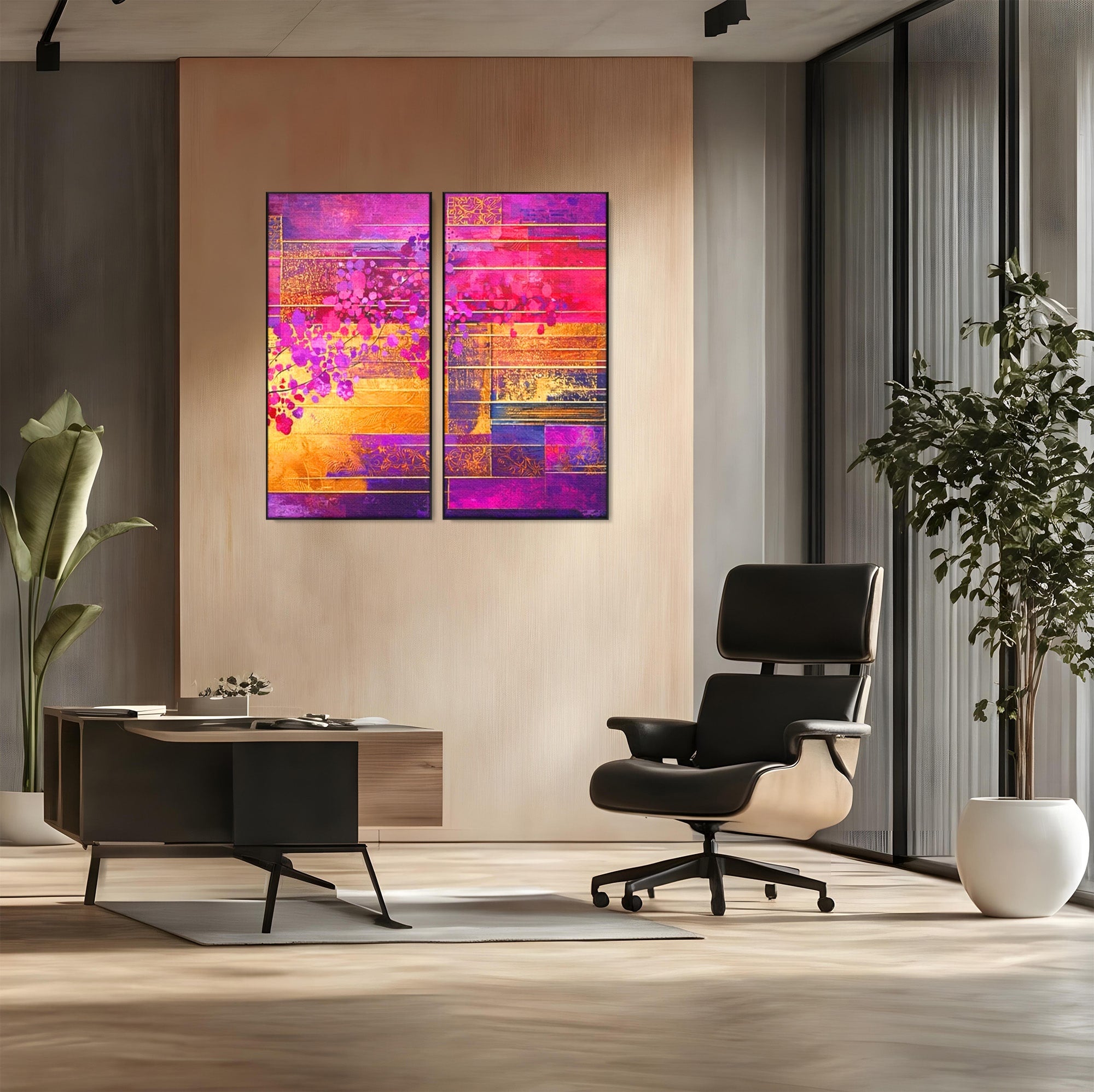 Set 2 Tablouri Canvas Premium LuxCanva® C2-1275, Gradina dintre linii, Geometrie, Mov, Roz, Abstract, Magenta, Linii, Textura, Armonie, Mister, Lumina, Eleganta, Violet, Auriu, Birou, Living, Dormitor