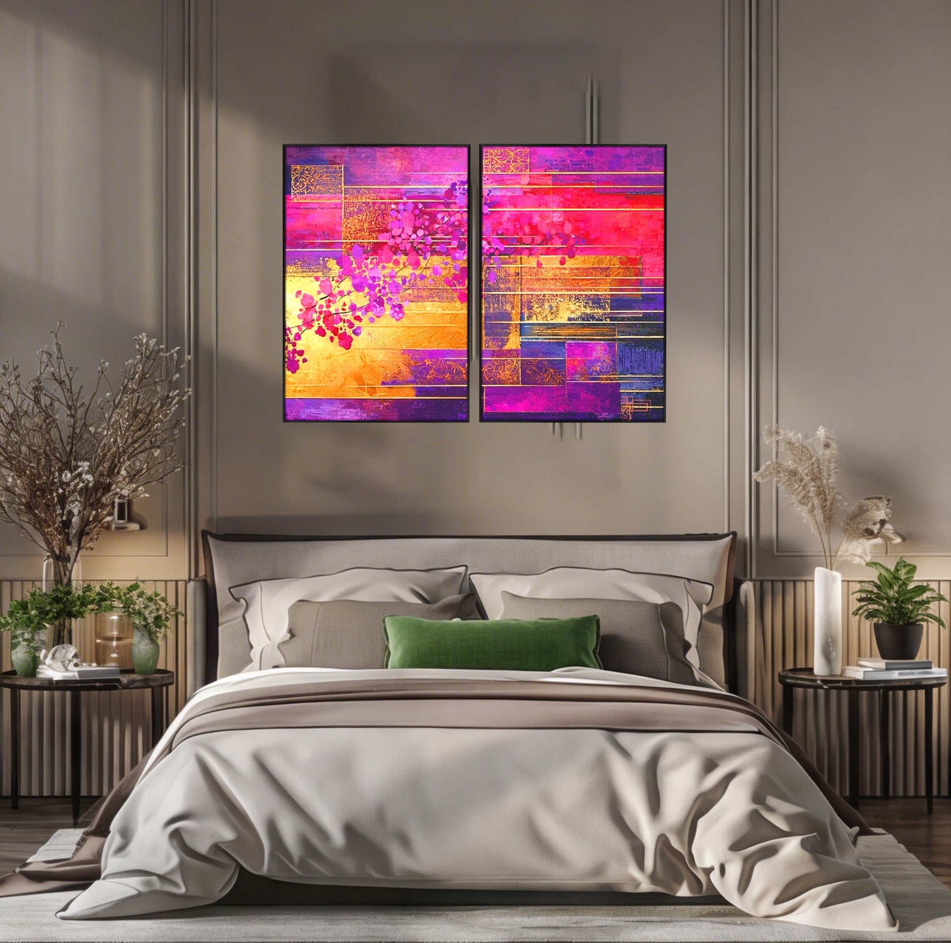 Set 2 Tablouri Canvas Premium LuxCanva® C2-1275, Gradina dintre linii, Geometrie, Mov, Roz, Abstract, Magenta, Linii, Textura, Armonie, Mister, Lumina, Eleganta, Violet, Auriu, Birou, Living, Dormitor
